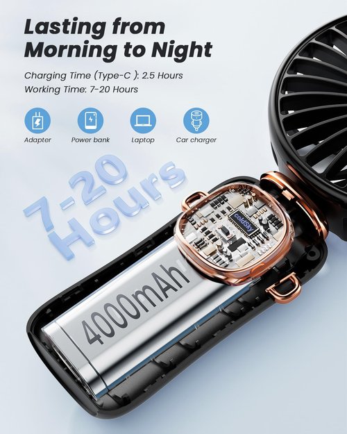 coldSky Portable Handheld Fan - 3-in-1 Multifunctional Travel Fan with 4000mAh Battery | Black