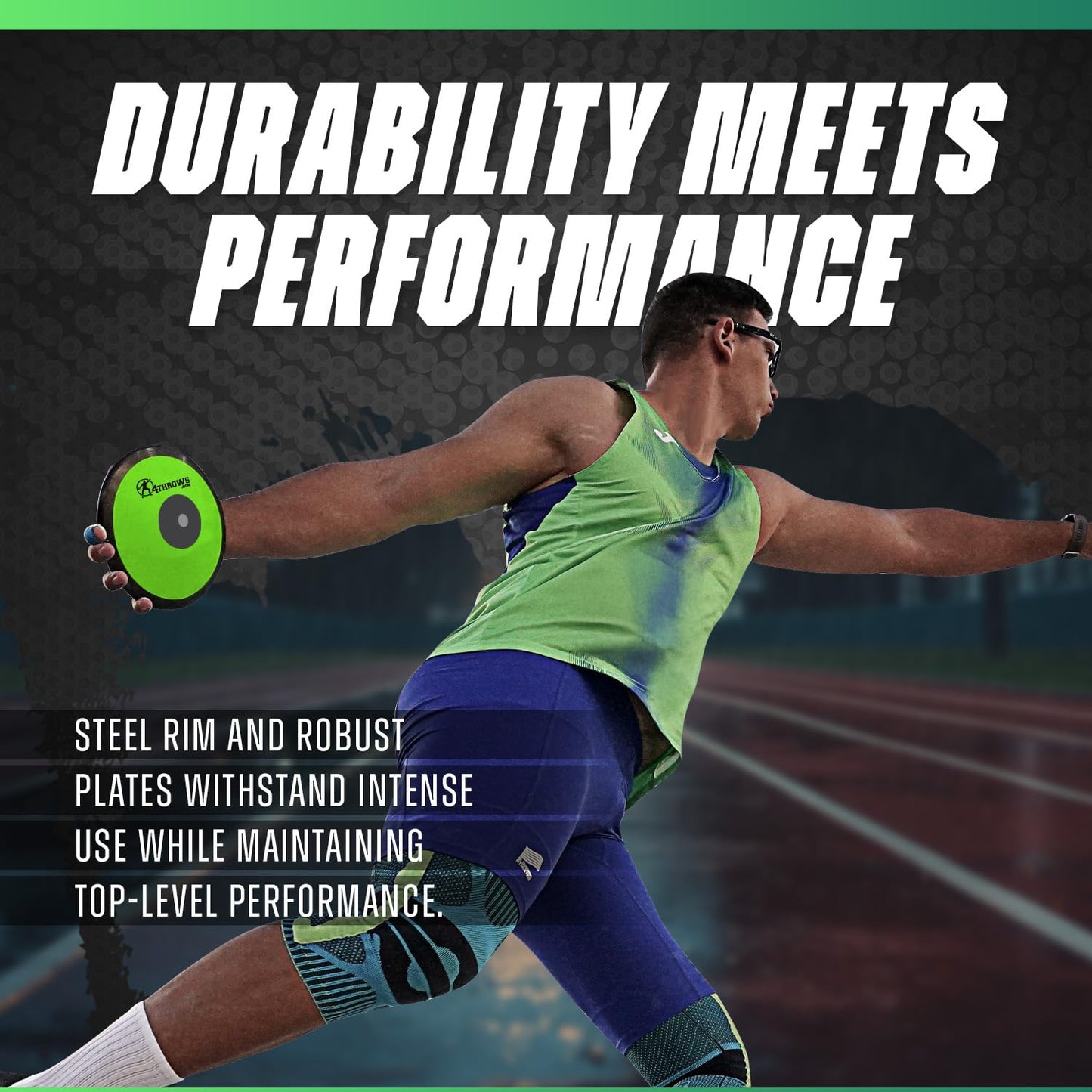 4THROWS Low Spin Competition Discus for Track & Field, High School, College, Men & Women — 70% Rim Weight, IAAF World Athletics Certified with Free Carry Bag, Neon Green and Black, 1.6kg