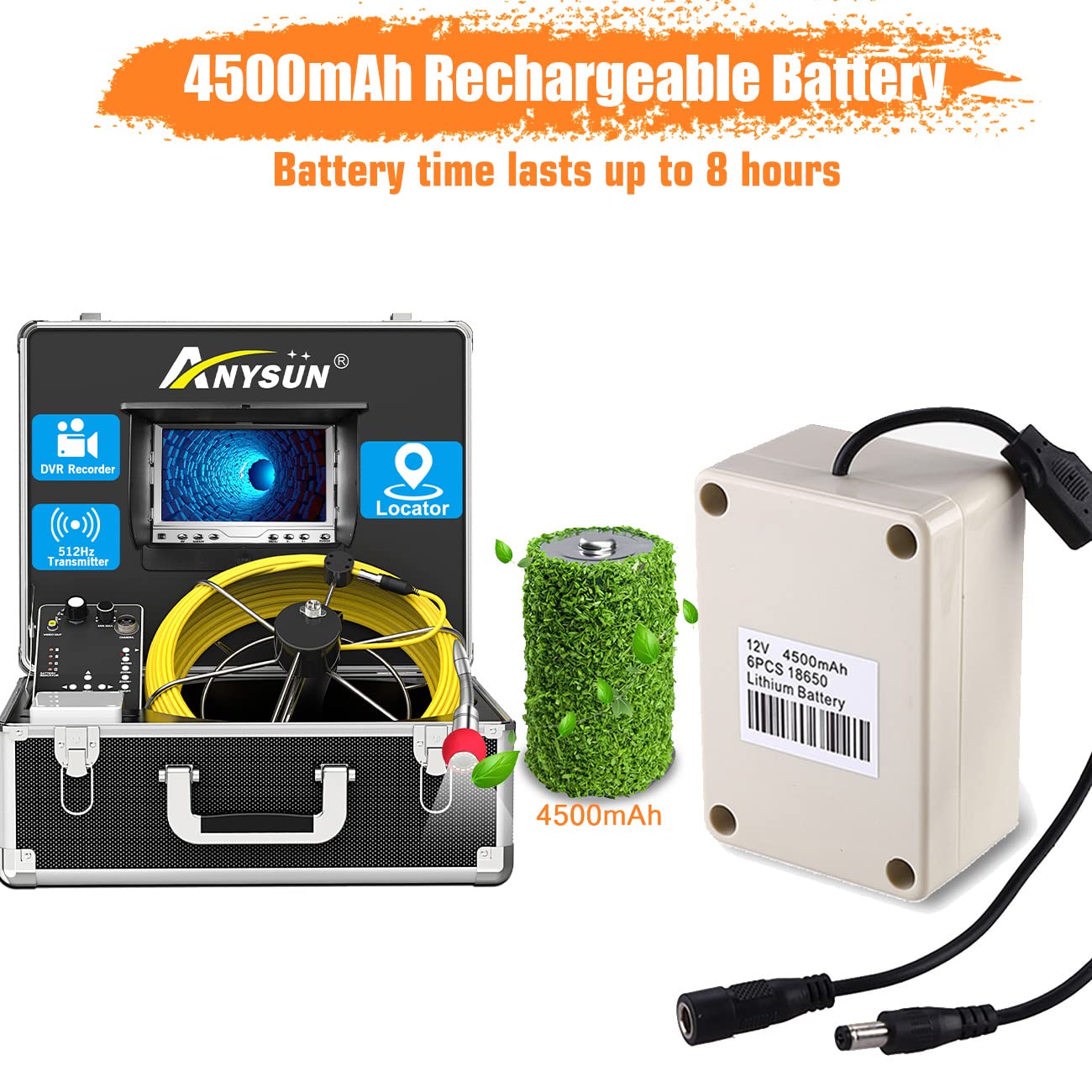 Anysun Sewer Camera with Locator, Pipe Camera with 512Hz Sonde Transmitter and Receiver, IP68 Waterproof Industrial Plumbing Endoscope Drain Snake Cam with 7" LCD Monitor, 8G SD Card (100Ft/30M Cable)