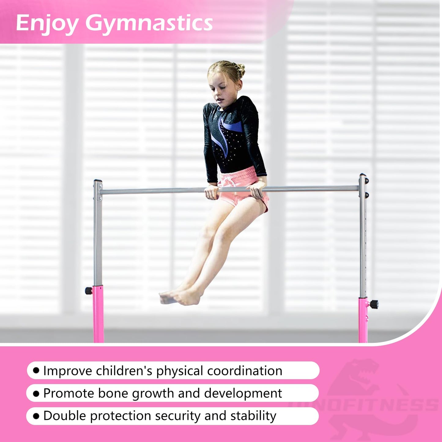 DINOFITNESS Gymnastics Bar for Kids,11 Levels Adjustable Height Gymnastics Equipment for Home,Thickened Upright Tube Gymnastic Horizontal Bars,No Wobble Gymnastics bar for Kids Ages 3-16 (Pink)