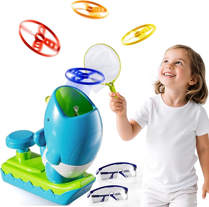 Flying Disc Launcher Outdoor Toys with 1 Whale Launcher, 24 Flying Discs, 2 Butterfly Nets and 2 Protective Glasses, Outside Toys for Kids Ages 3-5 6-8 Boys Girls Chasing Catching Games Birthday Gifts