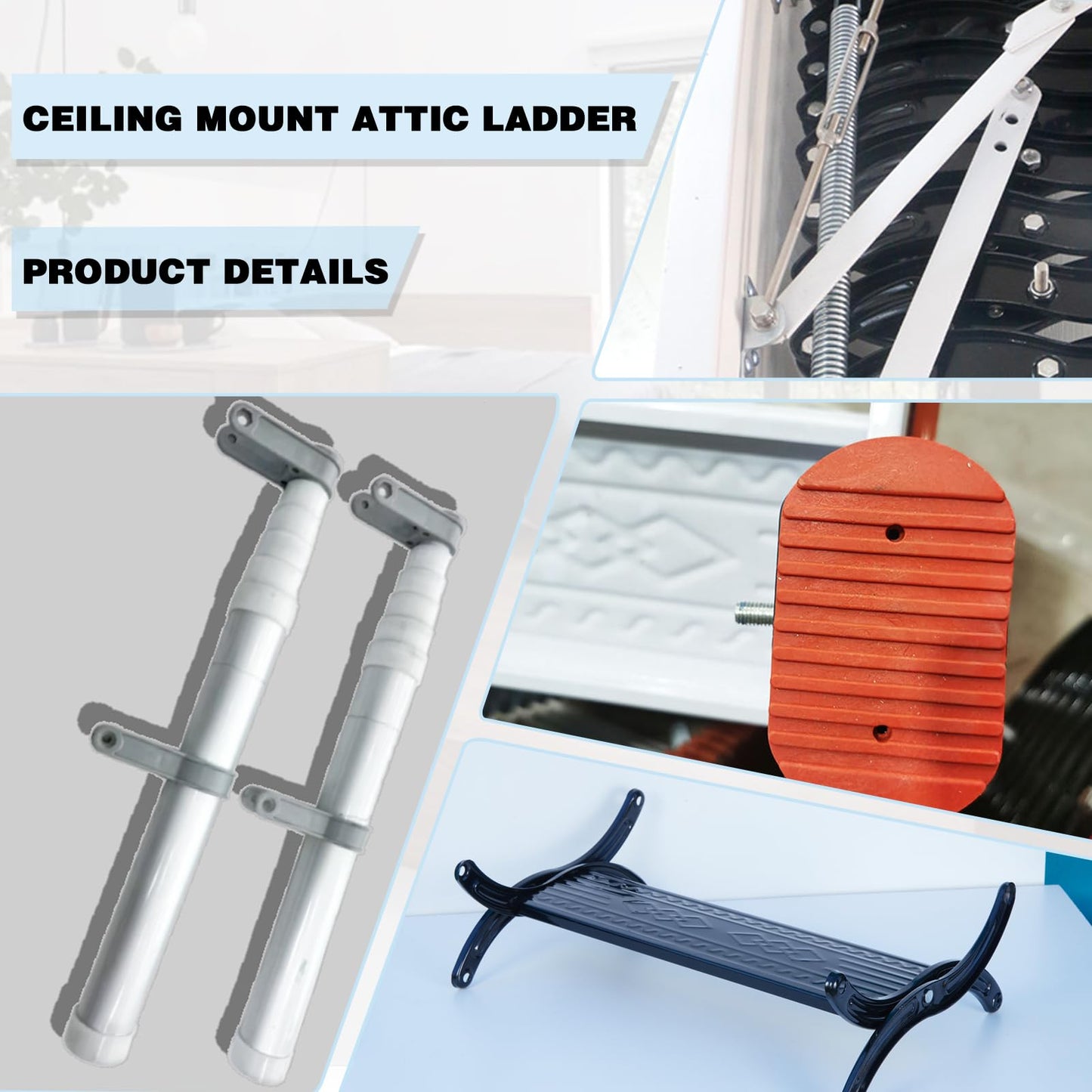 12 Steps Ceiling Mounted Attic Ladder, Retractable Pull Down System Attic Stairs, Telescopic Loft Stairs with Pull Rod, Ceiling Folding Loft Ladder with Handrail for Basement (Black, Steps 12)