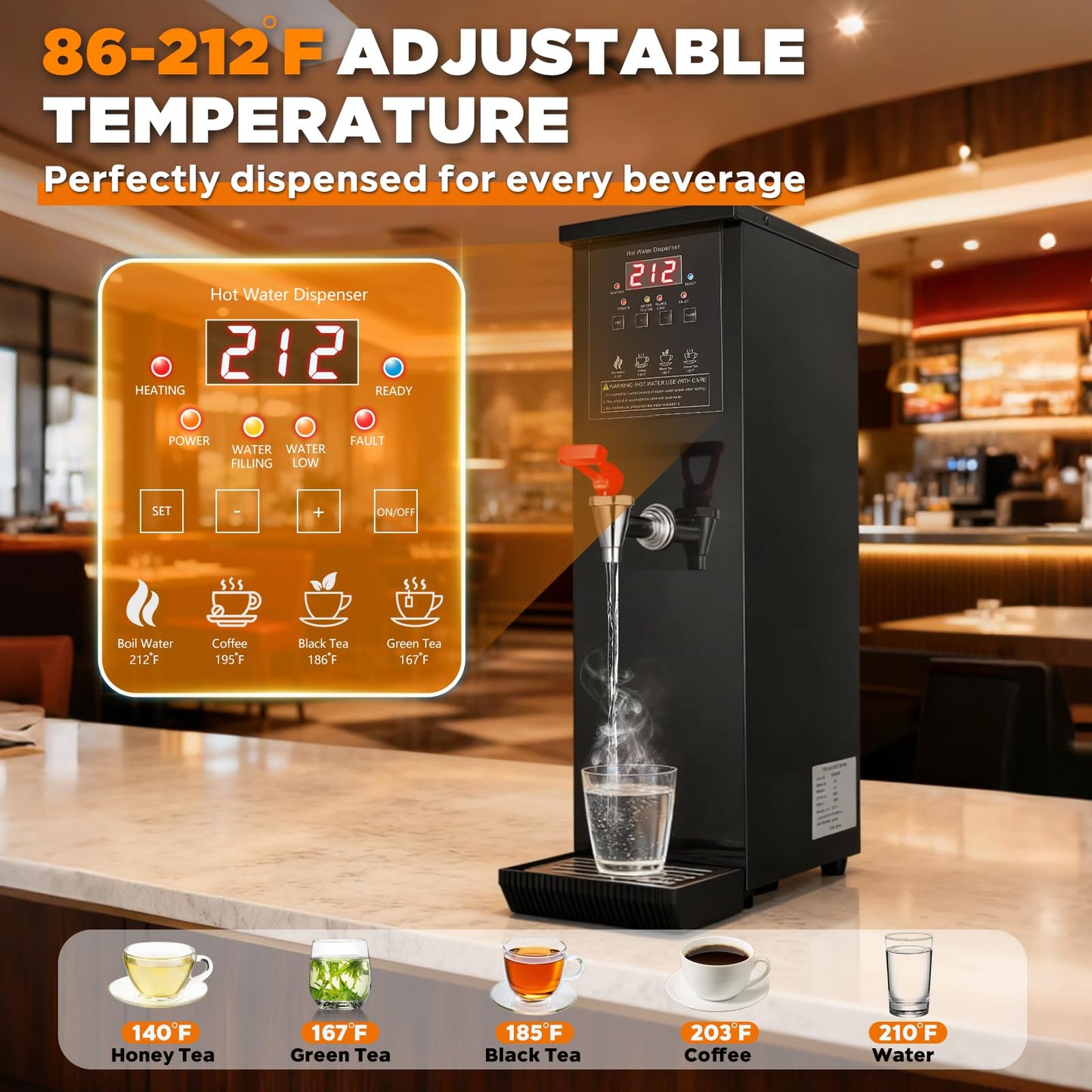 Commercial Hot Water Dispenser 30L/Hour Hot Water Boiler Countertop Auto-filling Water Hot Water Machine Step-heating 104-212°F Adjustable for Boba Tea Office Restaurant Hotel Black 1500W