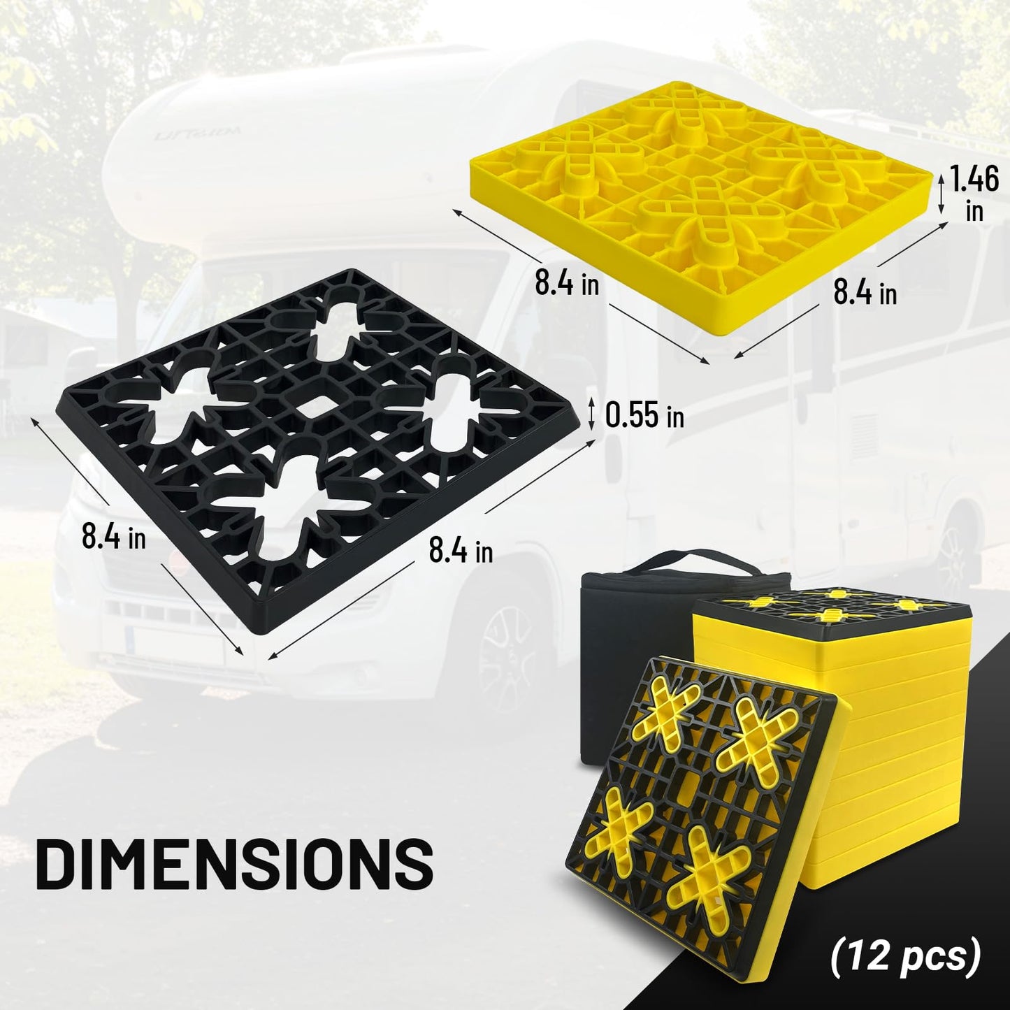 ROBLOCK Rv Leveling Blocks 12 Pack (2 Rubber Top), Camper Leveling Blocks Sturdy Stackable Jack Blocks with Carrying Bag, Multifunctional Wheels Stabilizer Blocks Suit for Camper Travel Trailer