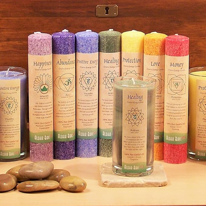 Premium Scented Candle Hand Made Chakra Energy Pillar | 4-Pack | Healing, Anahata | Yoga, Prayer & Meditation Candle | Long Burn 15 Hours | Essential Oils of Lavandin, Orange & Tangerine | Aloha Bay
