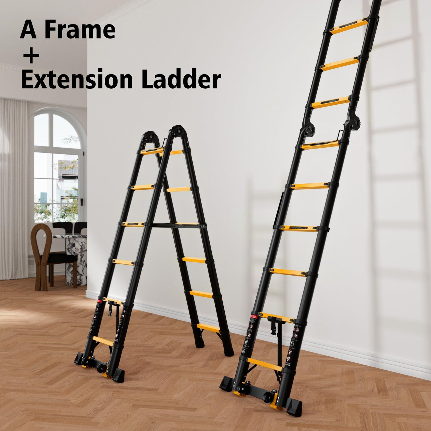 SINMEIRUN Telescoping Ladder, 12.5 FT, A Frame, Aluminum Extension Ladder, 330 lbs Capacity, Collapsible Multi-Purpose Ladder for Home, Roof and RV; Yellow