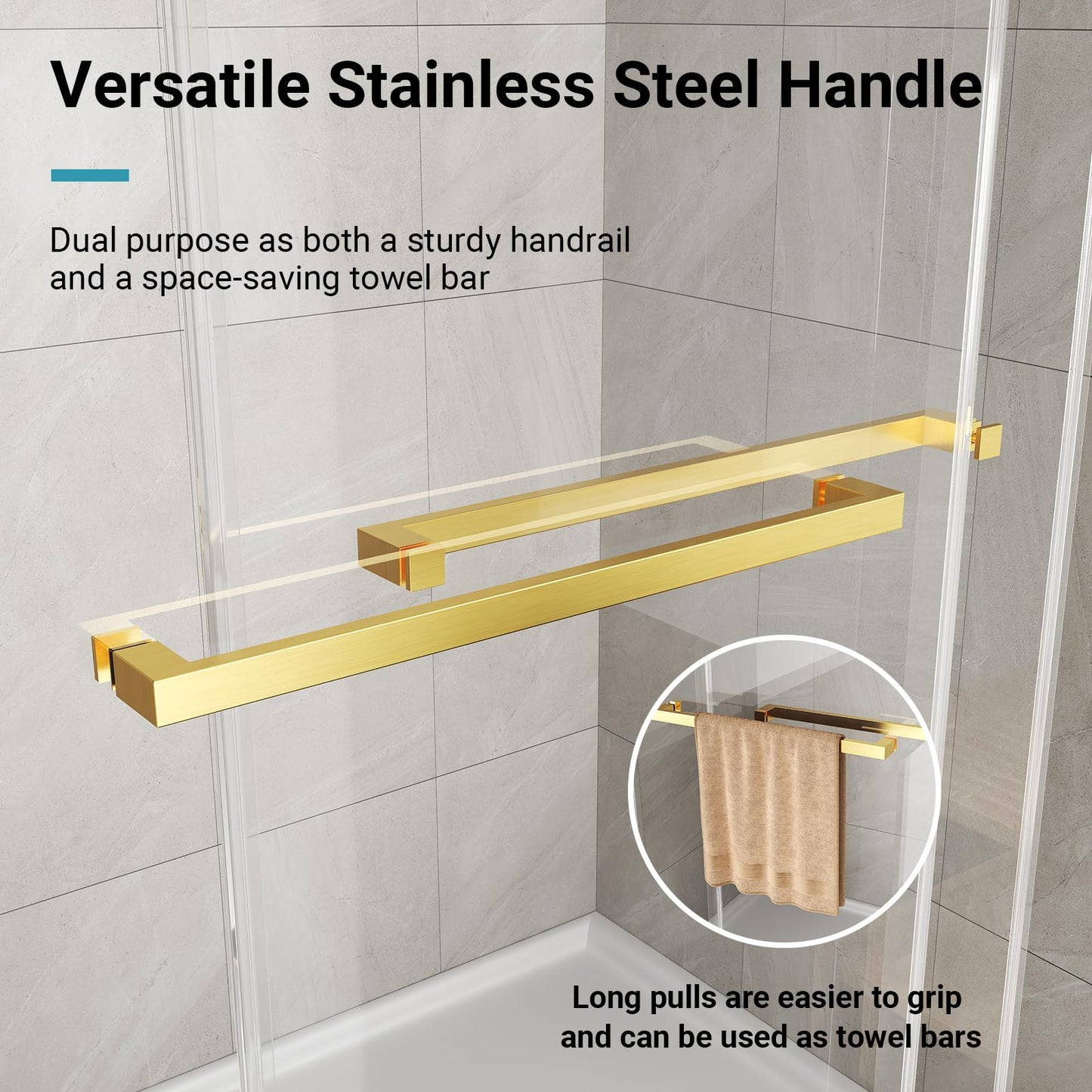 56"-60" W x 76" H Frameless Shower Door, 3/8" (10mm) ANSI Certified Tempered Glass, Double Sliding Bypass, Stainless Steel, Brushed Gold