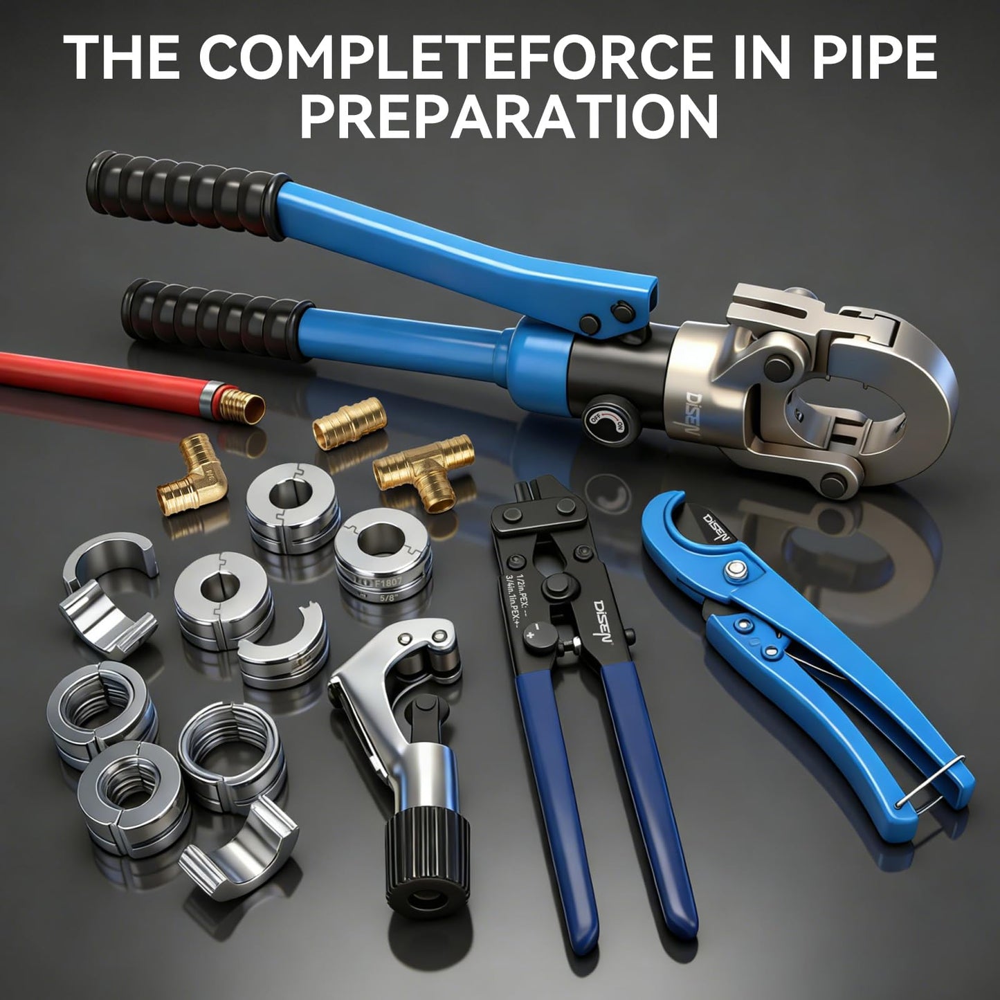 DISEN Hydraulic Copper Pipe Tube Fittings Crimping Tool with Copper Cutter, PEX Tubing Cutter and Copper Ring Removal Tool, Hydraulic Driven Press Tool with 8 Dies for Copper Pipe or PEX Pipe Crimp