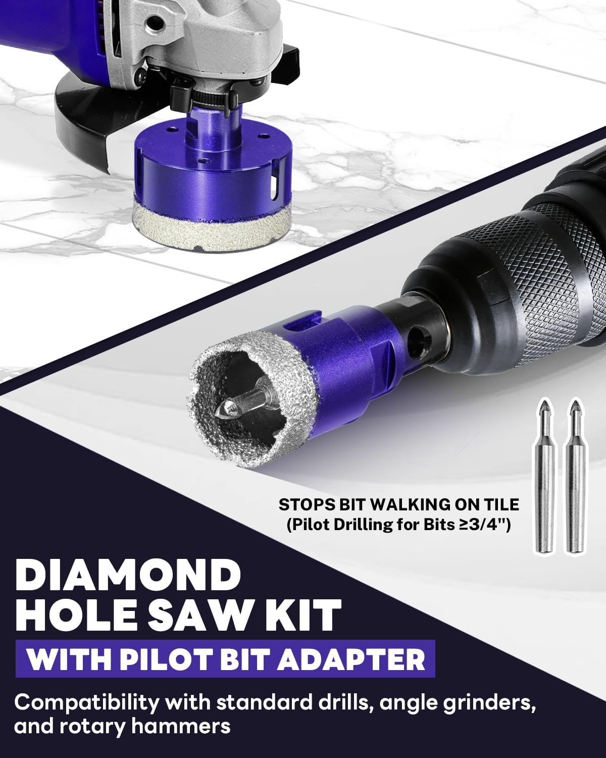 DaduoRi 14 PCS Diamond Hole Saw Kit with Pilot Bit Adapter, 1/4" - 2 1/2" Thickened Core Drill Bit Set, Includes Tile Shaping Cone & Diamond Saw Blade, for Porcelain, Ceramic, Granite, Marble, Stone