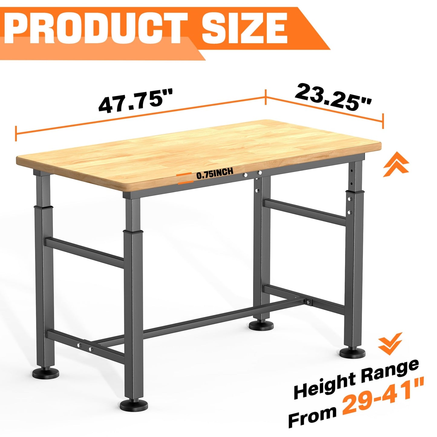 TORACK Adjustable Workbench with Rubberwood Top, 47.75" x 23.25" Heavy-Duty Garage Work Table, Height Adjustable 29"–41", Supports Up to 2000 lbs