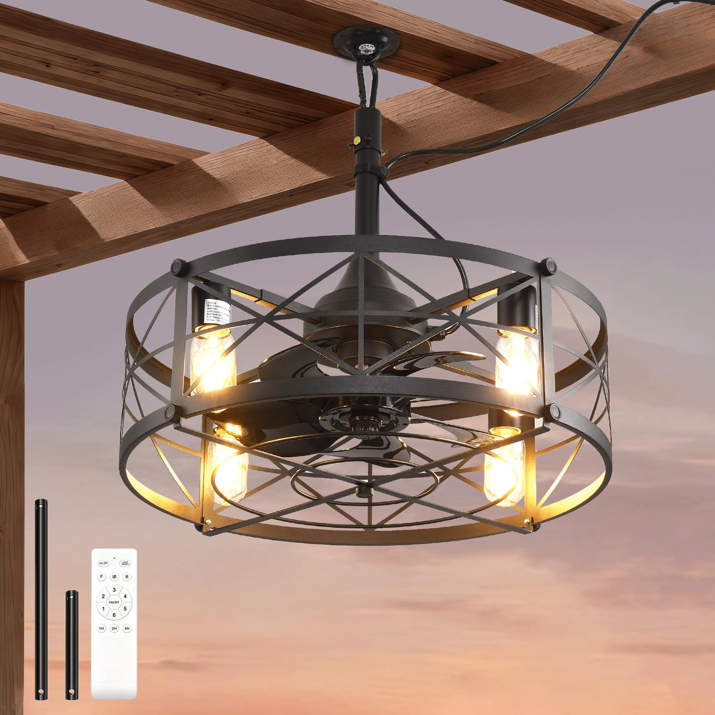 AHAWILL Outdoor Ceiling Fan with Light,20" Gazebo Fan Remote Control,Outdoor Hanging Fan,6 Speeds and Timing,Plug in Caged Ceiling Fan for Patio,Farmhouse,Porch,Pergola.Black