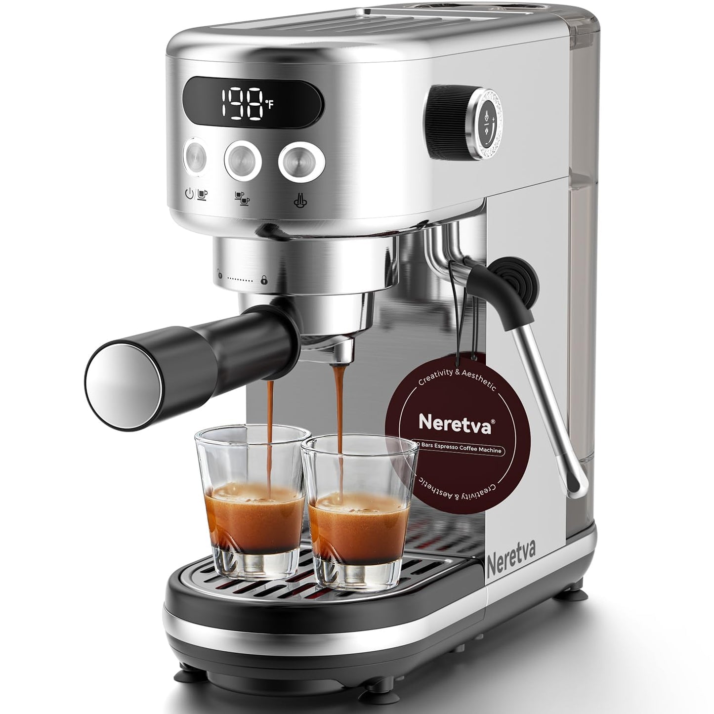Neretva Espresso Machine 20 Bar, Super Compact Espresso Maker Stainless Steel Professional Coffee Machine Espresso with Power Steam & LED Display for Home Barista Latte and Cappuccino Maker-Silver