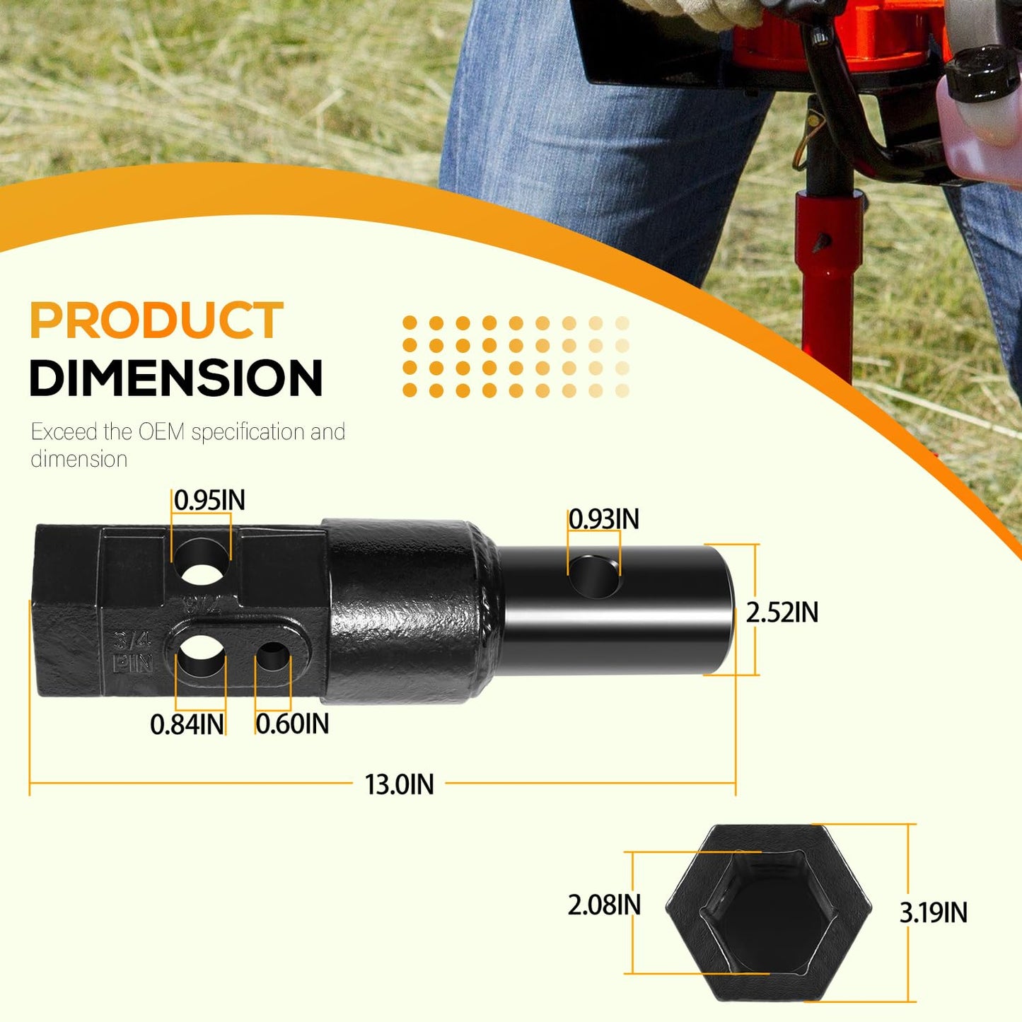 23-058 Heavy Duty Auger Adapter 2” Female Hex to 2-9/16” Male Round Auger Drive Adapter, Skid Steer Post Hole Digger Conversion Coupler, High-Strength Steel Auger Bit Adapter