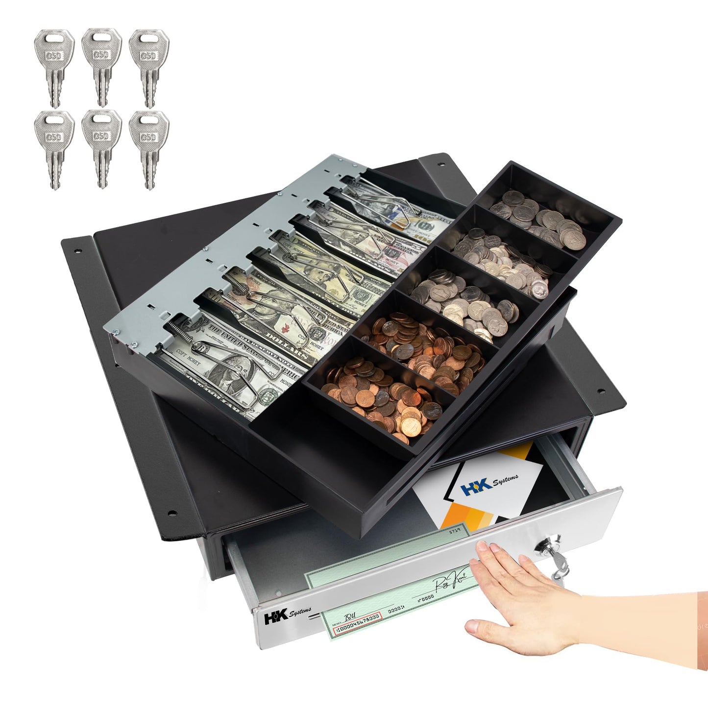 HK SYSTEMS 16" Heavy Duty Black Push Open Cash Drawer, 5B5C with Under Counter Mounting Metal Bracket