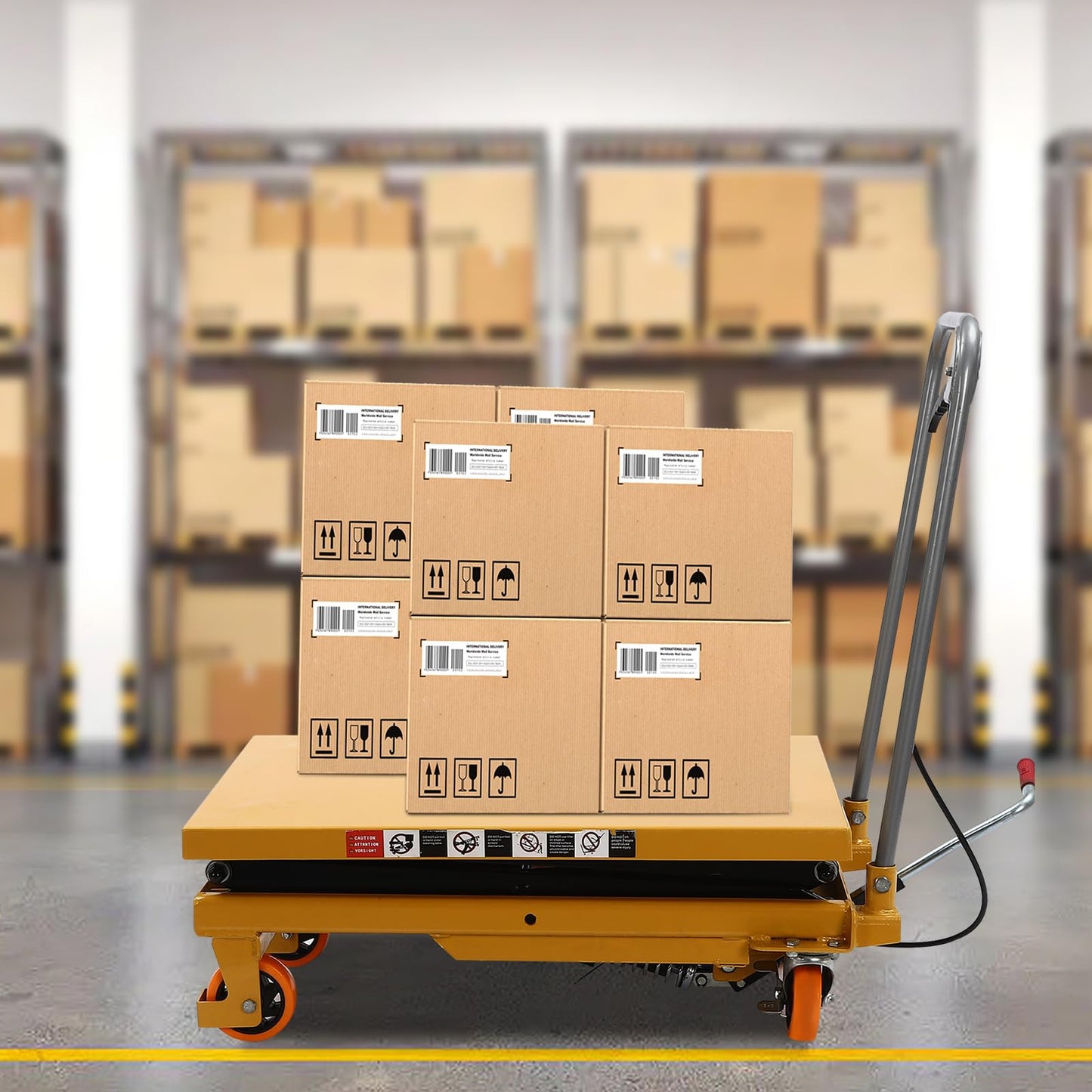 Hydraulic Lift Table Cart, 330lbs Capacity 45" Lifting Height, Double Scissor Lift Table w/ 4 Wheels and Foot Pump, Elevating Hydraulic Cart for Material Handling and Transportation, Yellow