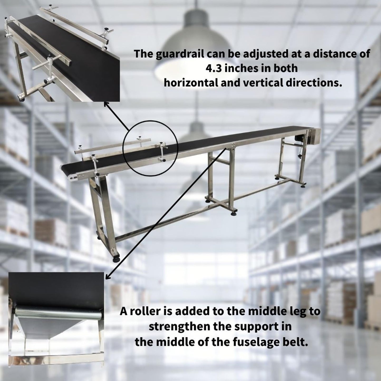 Yokoma Belt Conveyor Packaging Machine with Double Guardrails Stainless Steel Electric Flat PVC Belt Conveyor Black 118inch*15.7inch 250W 110V