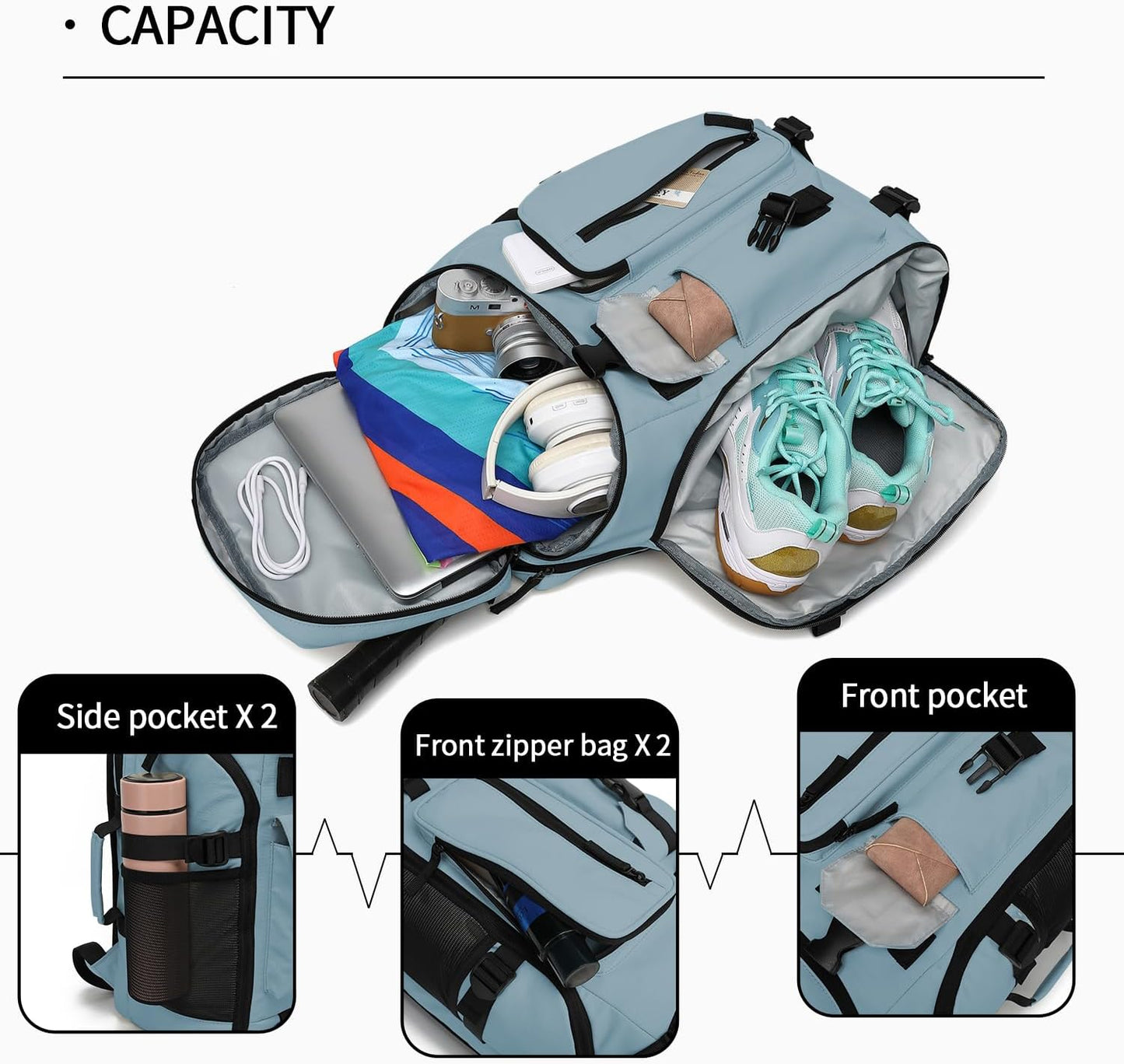 Backpack 4-Way Kalesi Gym Duffle Tennis Bag Waterproof with Shoes Compartment for travel Sport Hiking laptop (Grayish