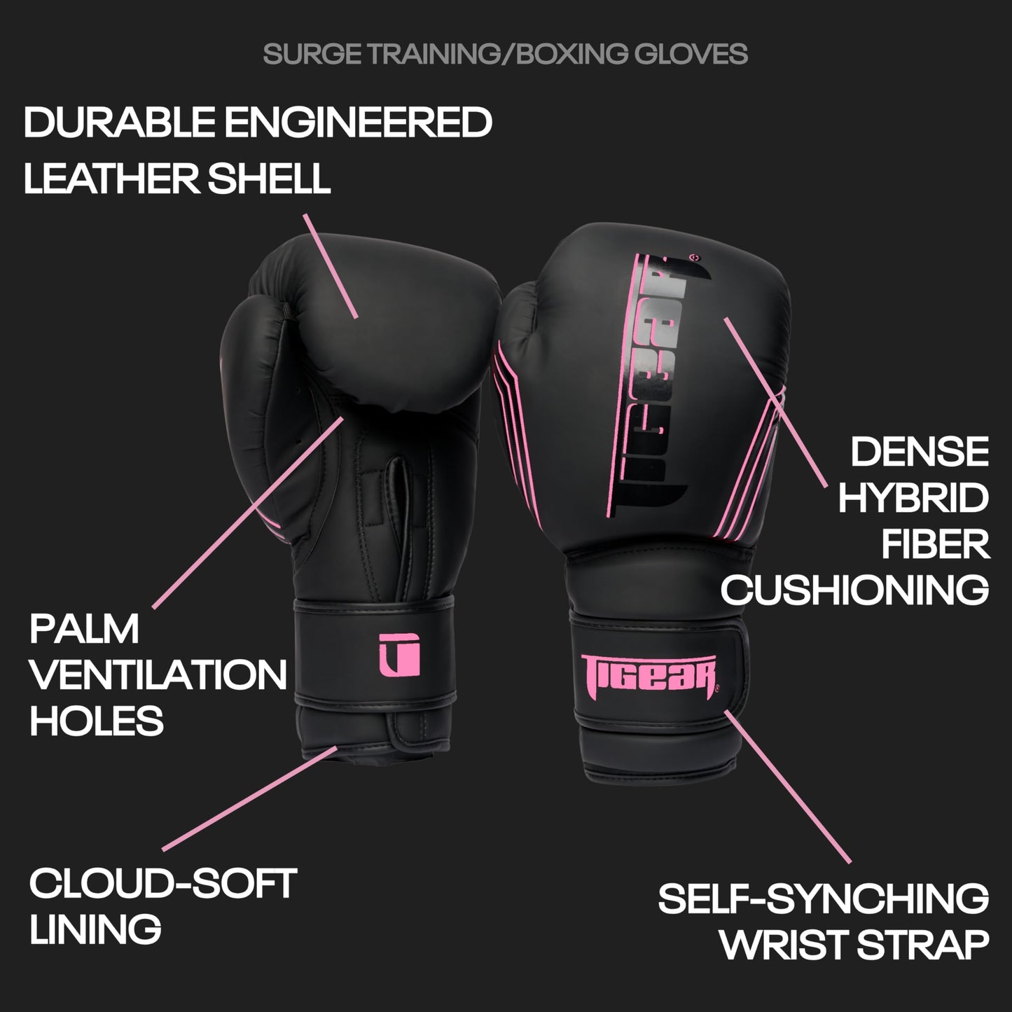 Tigear Surge Pro Boxing Gloves for Men Women & Kids | Engineered Leather Muay Thai Gloves, MMA Gear, Kickboxing Heavy Bag Training and Sparring | Black/Pink (12oz)