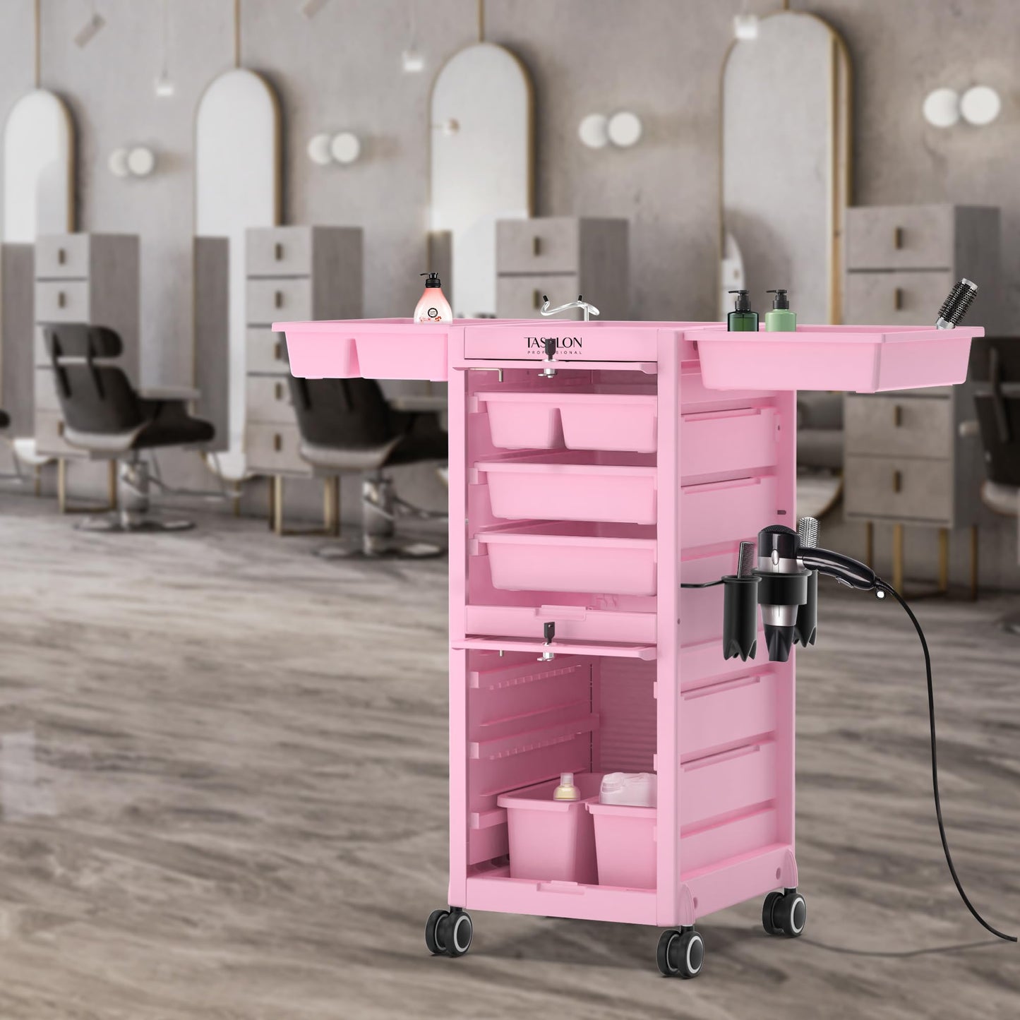 TASALON Pink Lockable Salon Cart with Wheels, Beauty Salon Station Trolley with 6 Drawers & Heat-Resistant Tool Holders, Rolling Barber Organizer for Hair Stylist, Spa & Tattoo Studio