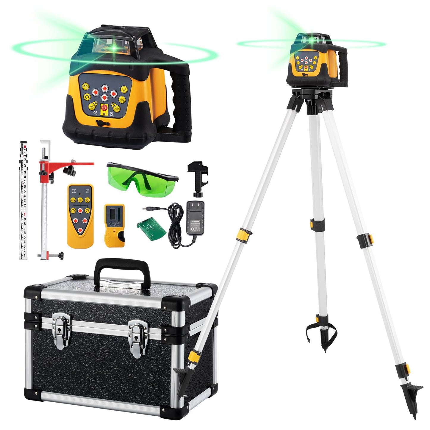 Self-Leveling Green Rotary Laser Level Kit, 2300ft Range with Receiver, ±1/10" Accuracy at 100ft, Class II ≤ 5 mW Laser, IP66 Waterproof, Includes Tripod, Grade Rod & Carrying Case