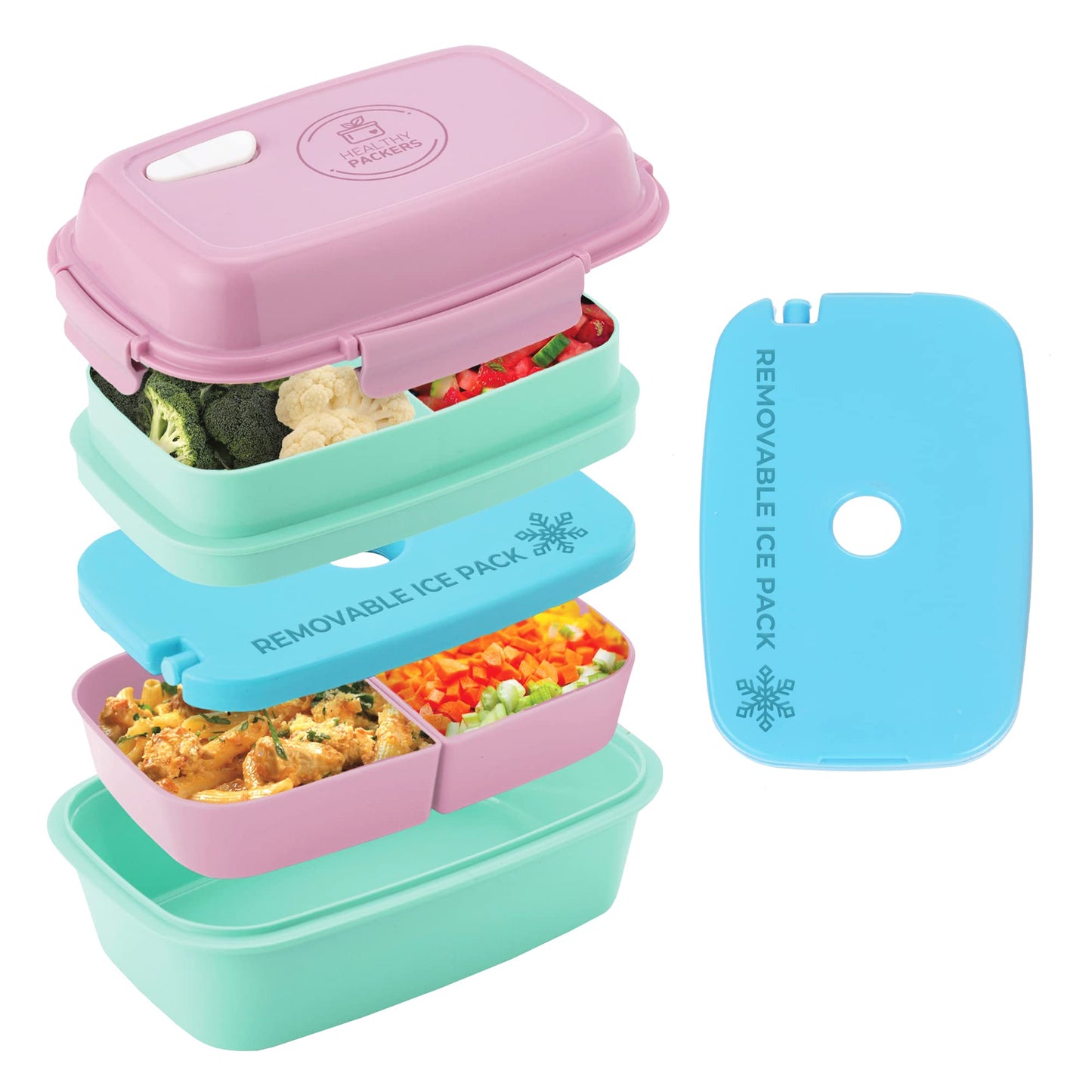 Ultimate Bento Box - Lunch Box for Kids & Adults with Removable Ice Pack - Leakproof, Multi-Compartment Food Container with Removable Containers - Microwave & Dishwasher Safe (Pink, Green, Pink)