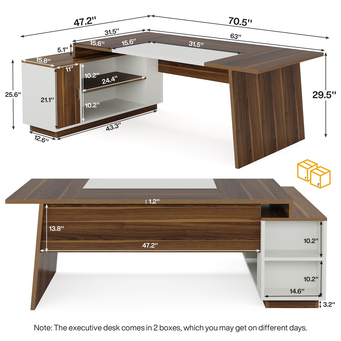 Tribesigns L-Shaped Executive Office Desk, 70.5-Inch Mid-Century Modern Executive Desk with Storage Cabinet and Shelves, Large Computer Desk for Home Office, Brown + White