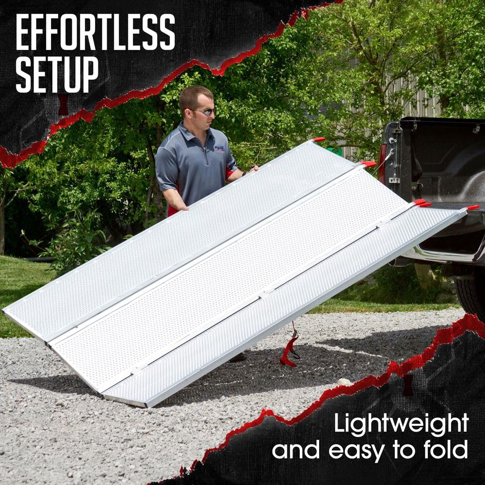 Black Widow Aluminum Folding ATV Ramp w/ Extra Wide Punch Plate, 1,500 lbs Capacity, 6’ 5” - Heavy-Duty Loading Ramp for Trucks and Trailers