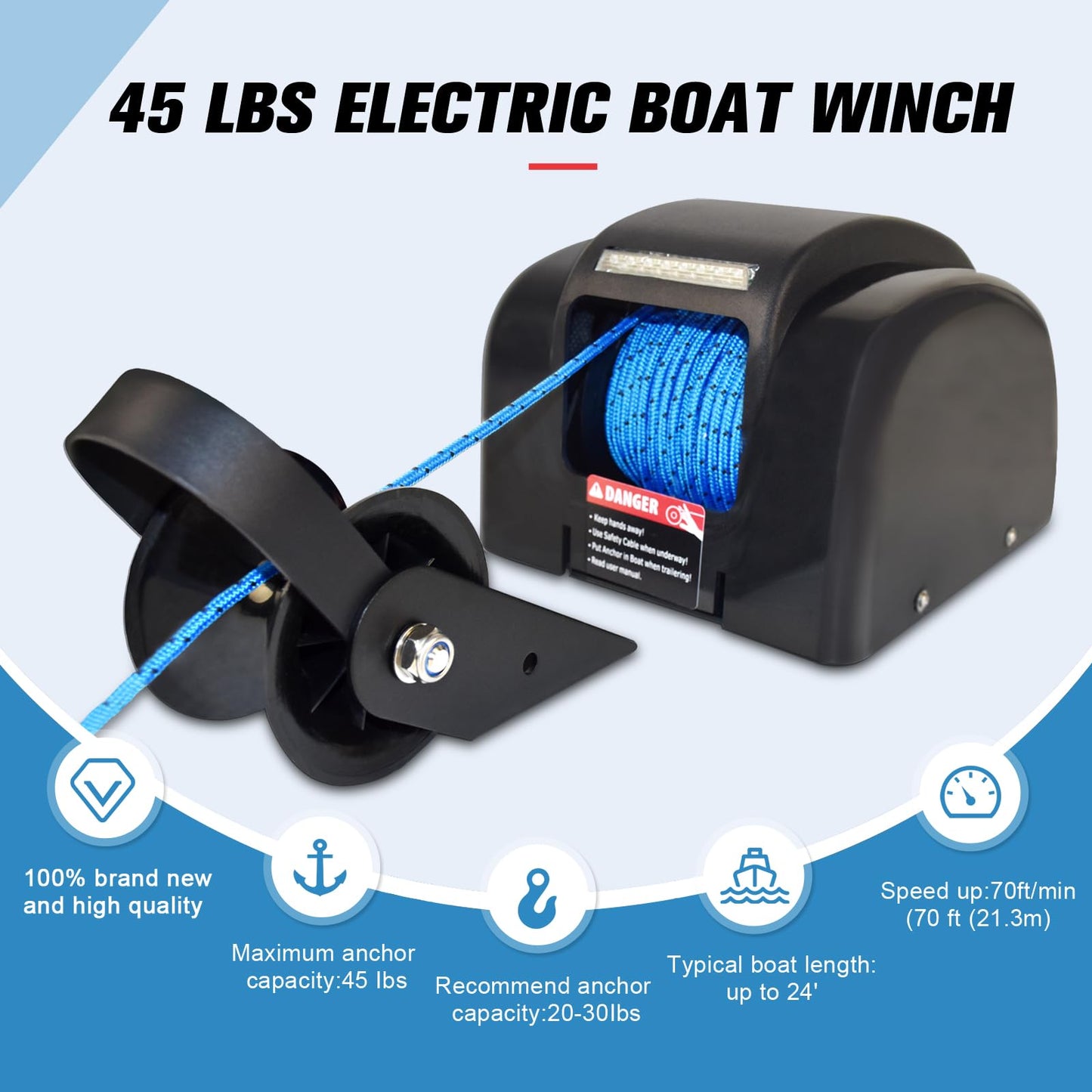 Acdet 45 LBS Electric Boat Anchor Winch, Saltwater Electric Anchor Winch w/Wireless Remote Control & 98.42ft of Pre-Wound Anchor Rope 12V Marine Windlass Anchor Winch,Black