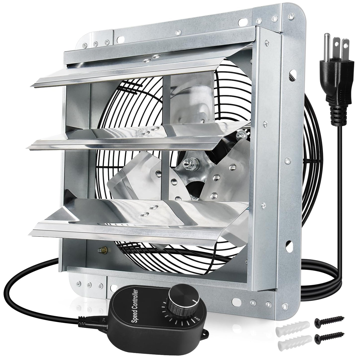 Hiorucet 14 Inch Shutter Exhaust Fan Wall Mounted, High Performance Low Noise Garage Louvered Exhaust Fan with Speed Controller and Power Cord Kit for Greenhouse, Shop, Attics, Chicken Coop, Basement.