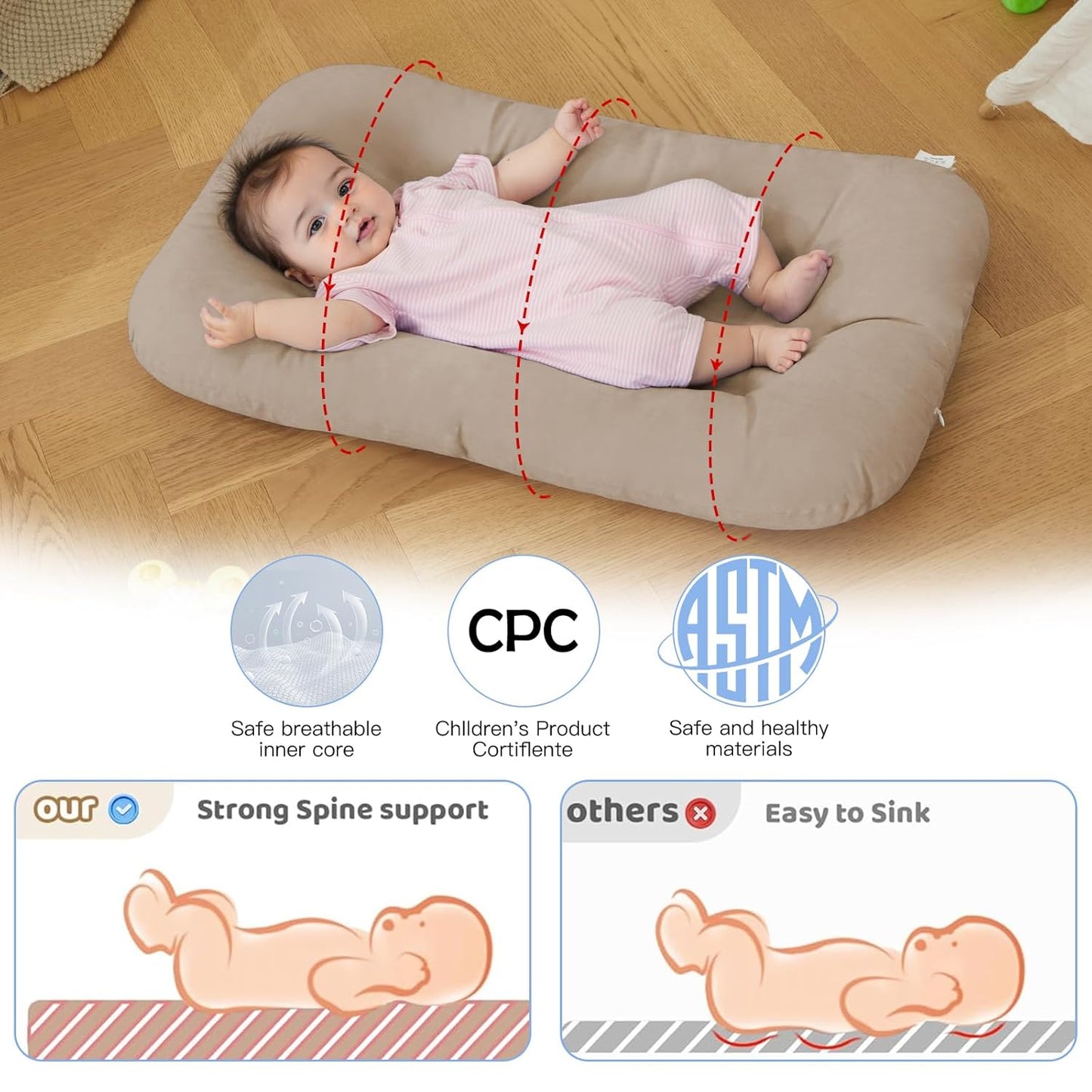 Baby Lounger - Bionic Design for Newborns | Soft Organic Cotton, Breathable, 0-18 Months (Cream Grey)