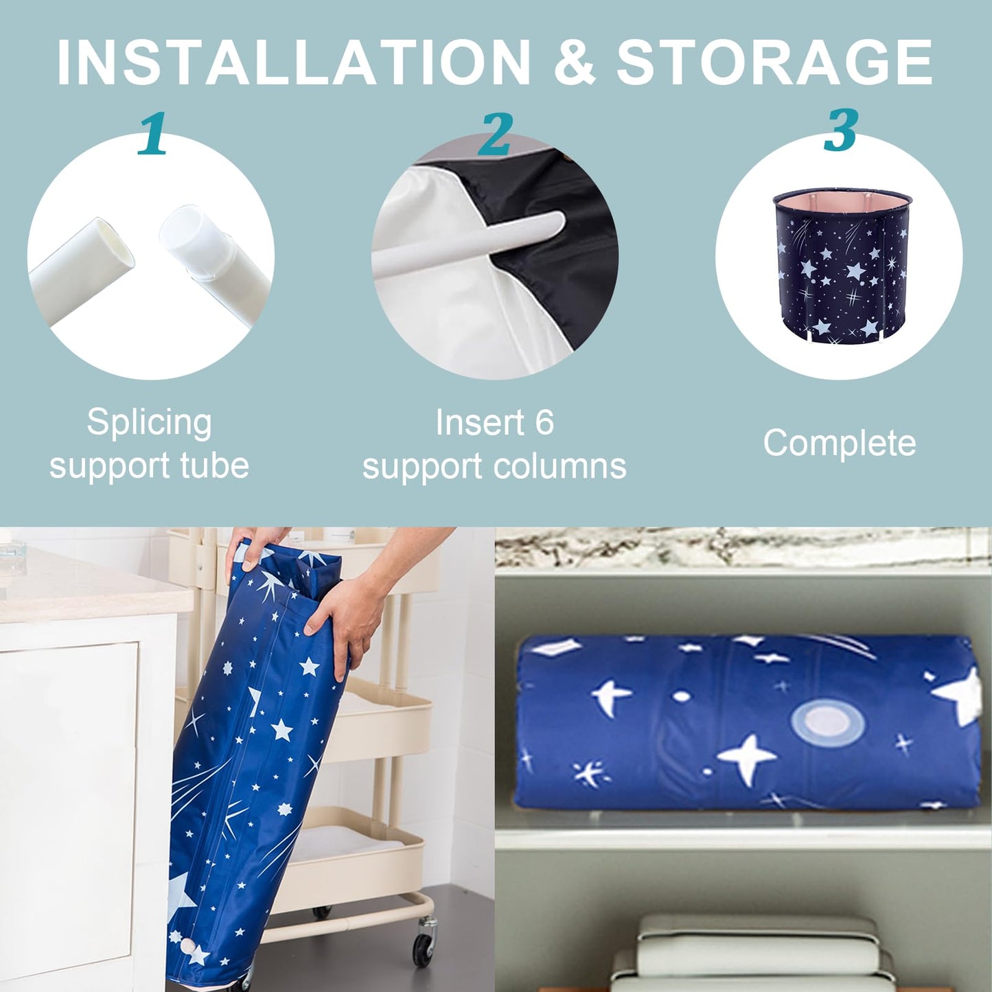 STARBRILLIANT Portable Foldable Bathtub, Collapsible Adult Bath Tub for Hot SPA and Ice Bath, Space-Saving Storage, Durable PVC Material (Starry Sky B, 27inch)