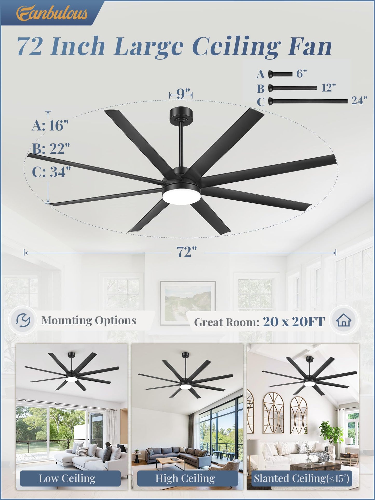 Fanbulous 72 Inch Large Ceiling Fans with Lights, Black Ceiling Fan with Remote Control, Dimmable, 3CCT, Quiet, Modern Ceiling fan For Living Room, Bedroom, Kitchen, Patio, Outdoor