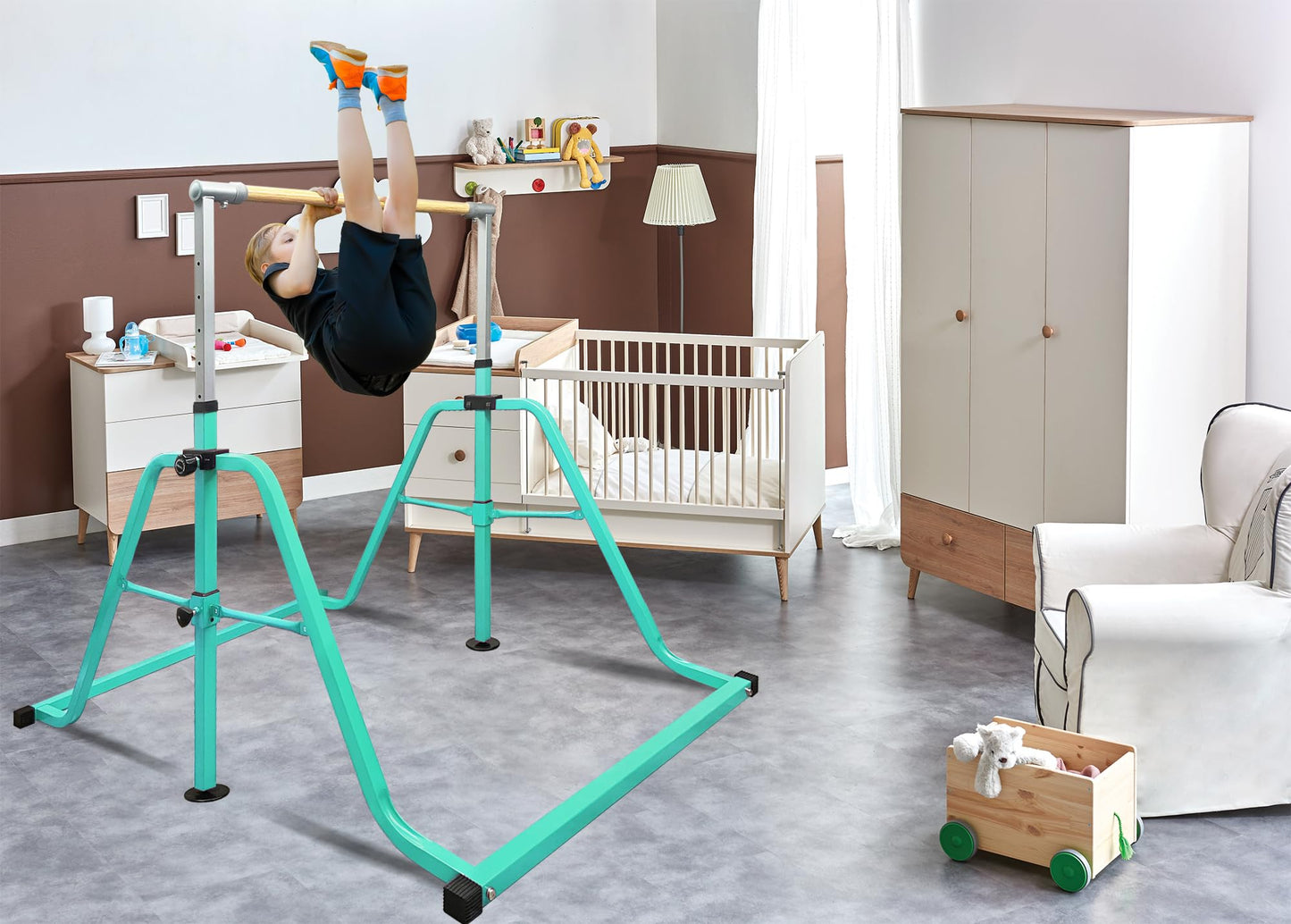 kechery Foldable & Moveable Gymnastics Horizontal Bar with Rings,3’to 5’Adjustable Height Expandable Junior Kip Bar for Home,Indoor Gym Equipment for Kids (Foldable Teal with Rings)