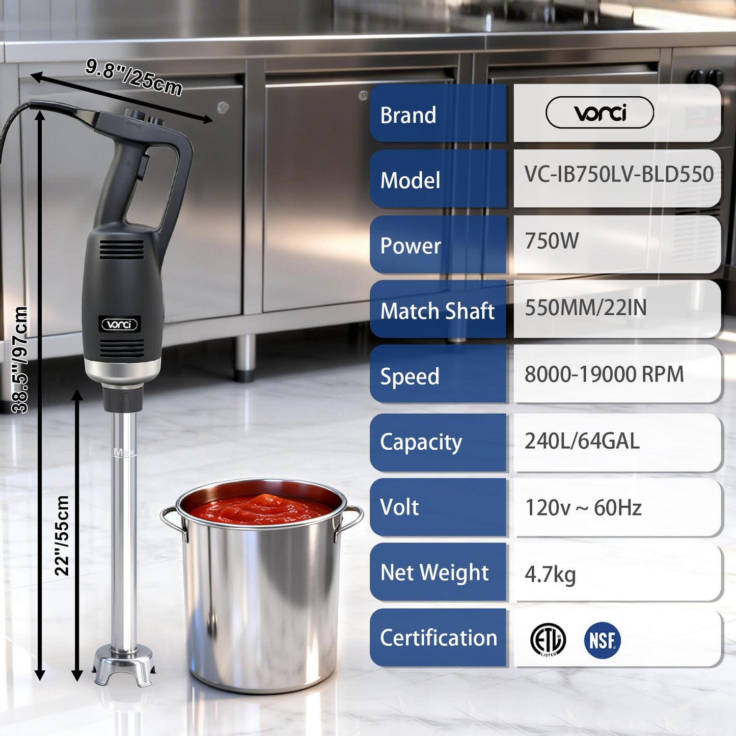 VONCI 750W Commercial Immersion Blender, Extra Heavy Duty Hand Blender with Variable Speed 8000-19000RPM, Handheld Stick Mixer with 22" SUS 304 Shaft, Commercial Emulsifier for Restaurant Kitchen.