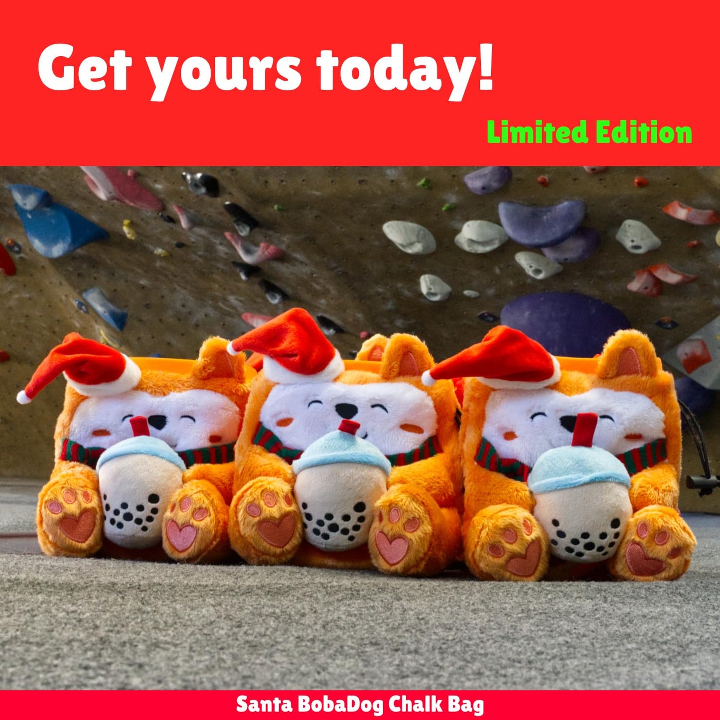 Rock Climbing Chalk Bag + Refillable Ball – Boba Dog Plush Animal Bag (Christmas Bag + Chalk) | Christmas | Santa