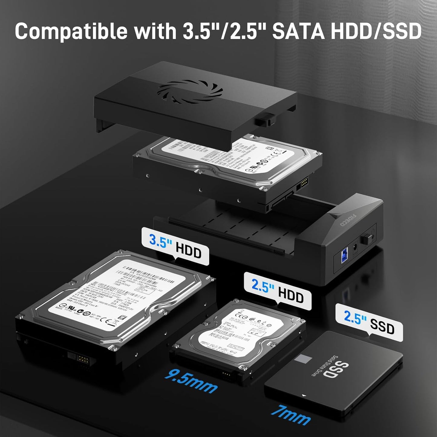 FIDECO 3.5 2.5 inch 12V Hard Drive Enclosure for or SATA HDD SSD, SATA to USB Adapter with Cooling Fan, External HDD