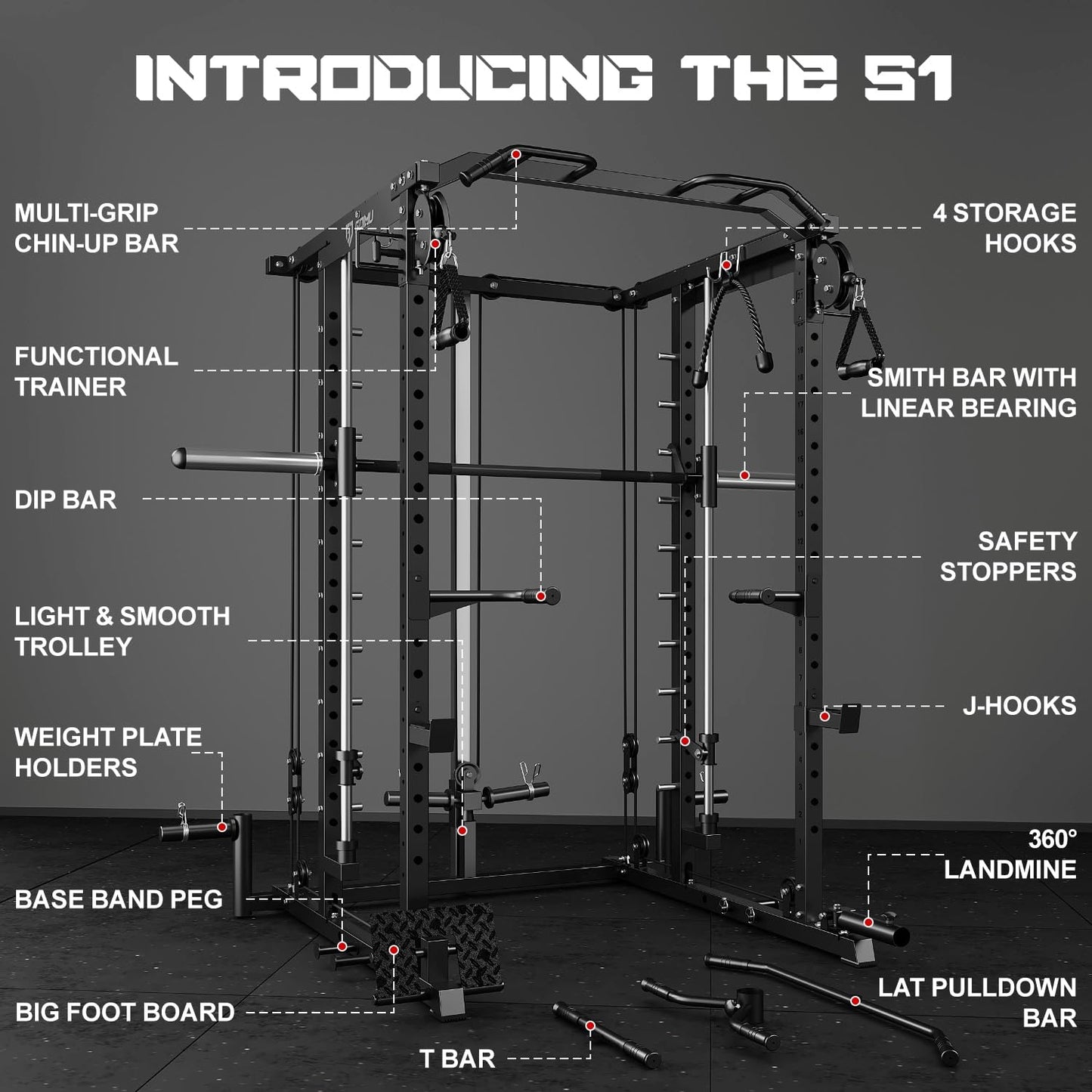 Goimu S1-V4 Smith Machine, 2000LBS Power Cage with Cable Crossover System, All-in-One Squat Rack with Smith Bar, Strength Training Equipment for Hone Gym (Black Smith Machine S1)