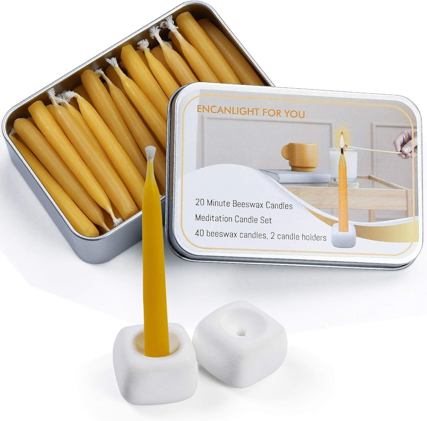 Skiennix 40-Piece Mini Beeswax Taper Candles Set - Smokeless, Dripless, 2.6 Inch for Meditation & Home Decor - Yellow