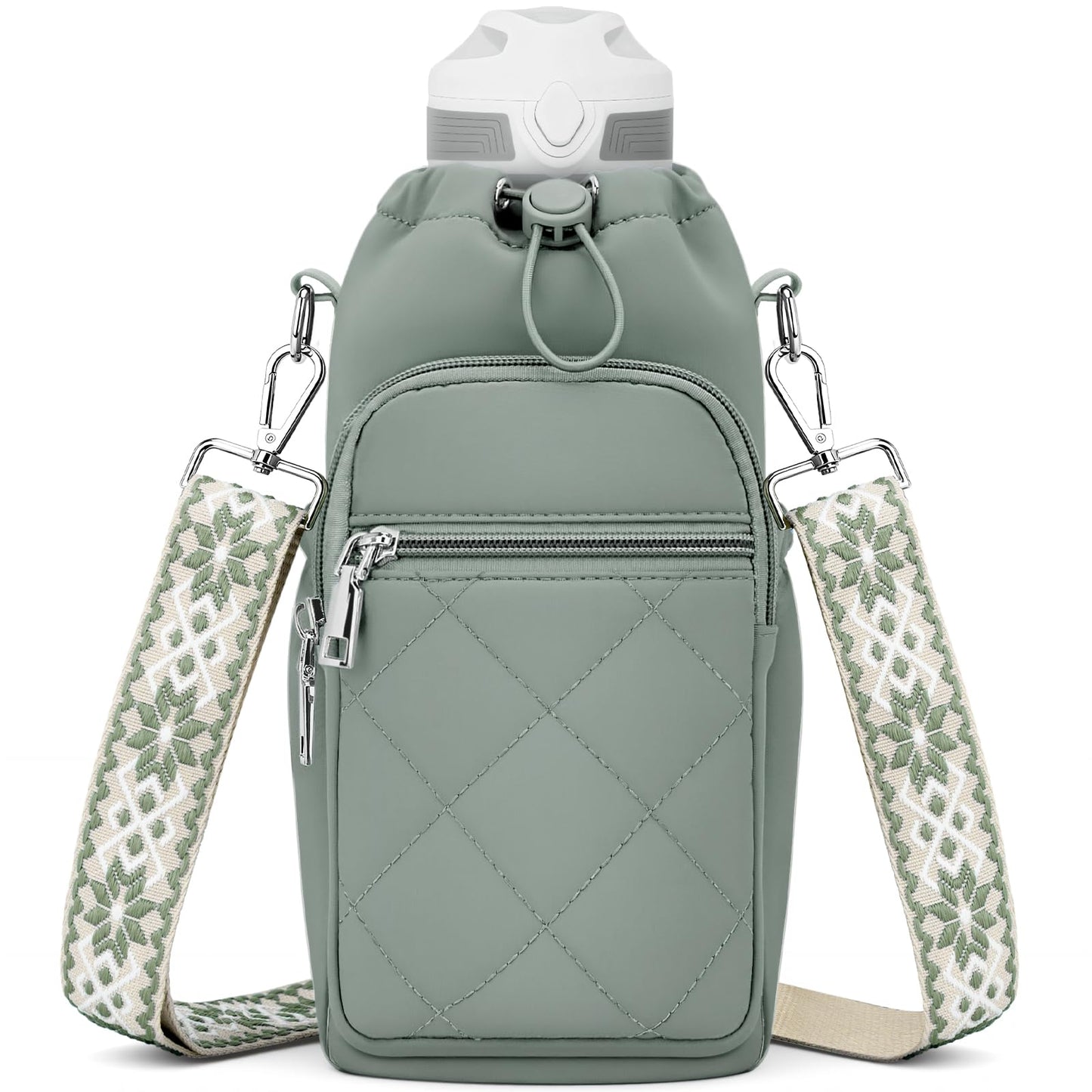 SYTRAH Water Bottle Carrier Bag with Strap, Water Bottle Purse with Phone Pocket 40oz, Insulated Crossbody Bags for Walking Hiking Antique Green