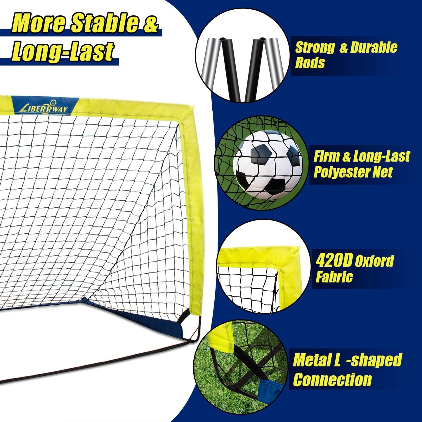 LIBERRWAY Soccer Goal 4'x 3' Portable Kids Soccer Goals for Backyard or Indoor Pop Up Soccer Net with 6 Training Cones, Carrying Bag, 8 Ground Stakes