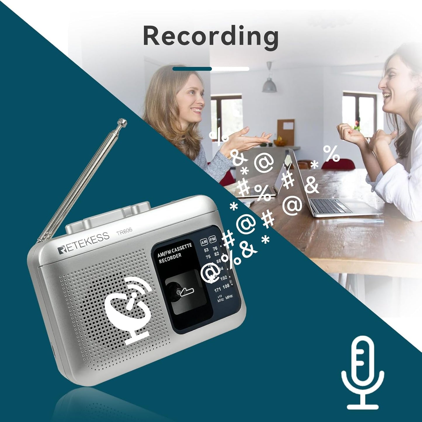 Retekess TR606 Cassette Cassette Tape Recorder Player, AM FM Players, Supports Voice/AUX Line in Record, Powered by DC