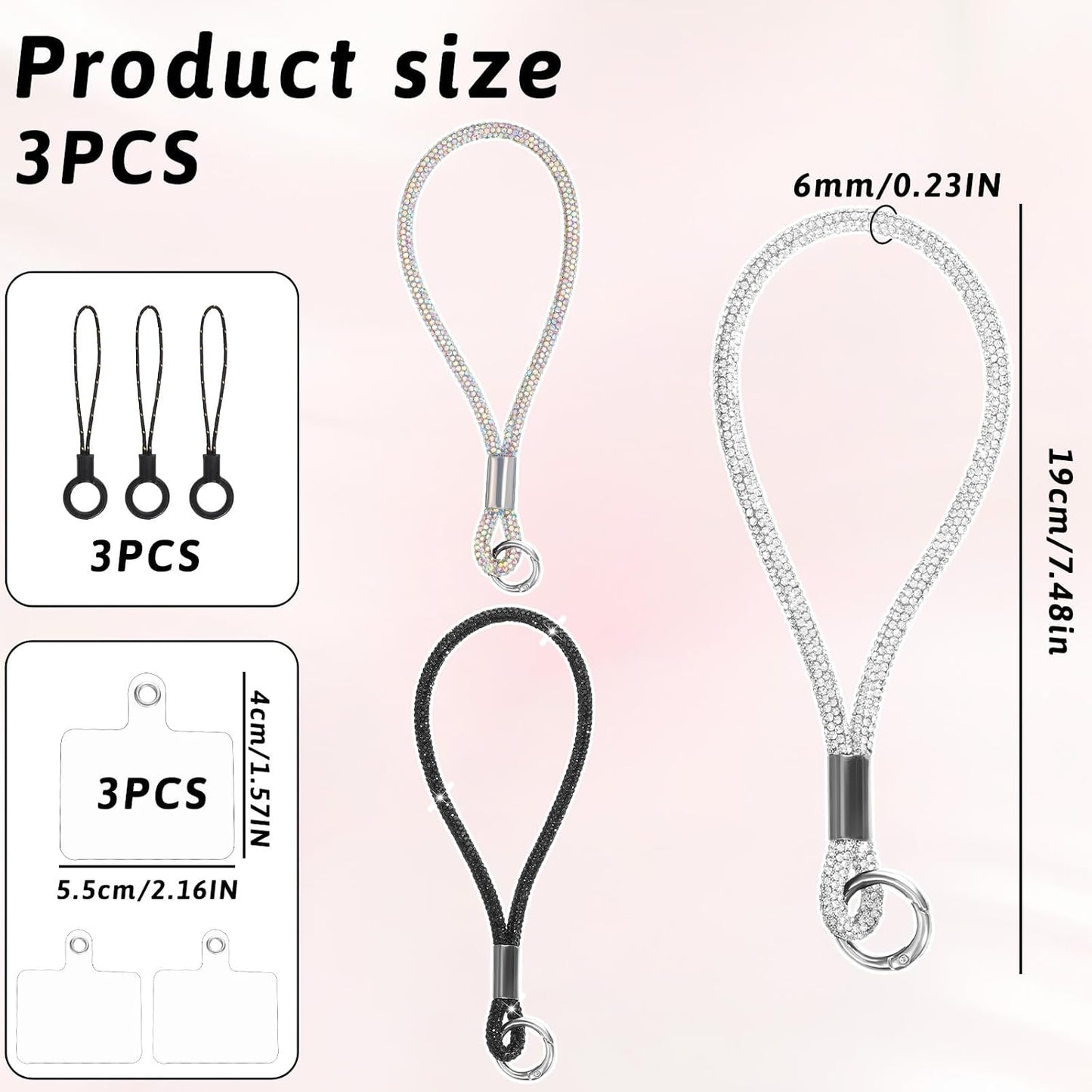 Alrhso 3 7.48 Pcs Bling Rhinestone Phone Wrist Strap Full Diamond Pendant Wrist Strap Bling Keychain Wristlet Lanyard