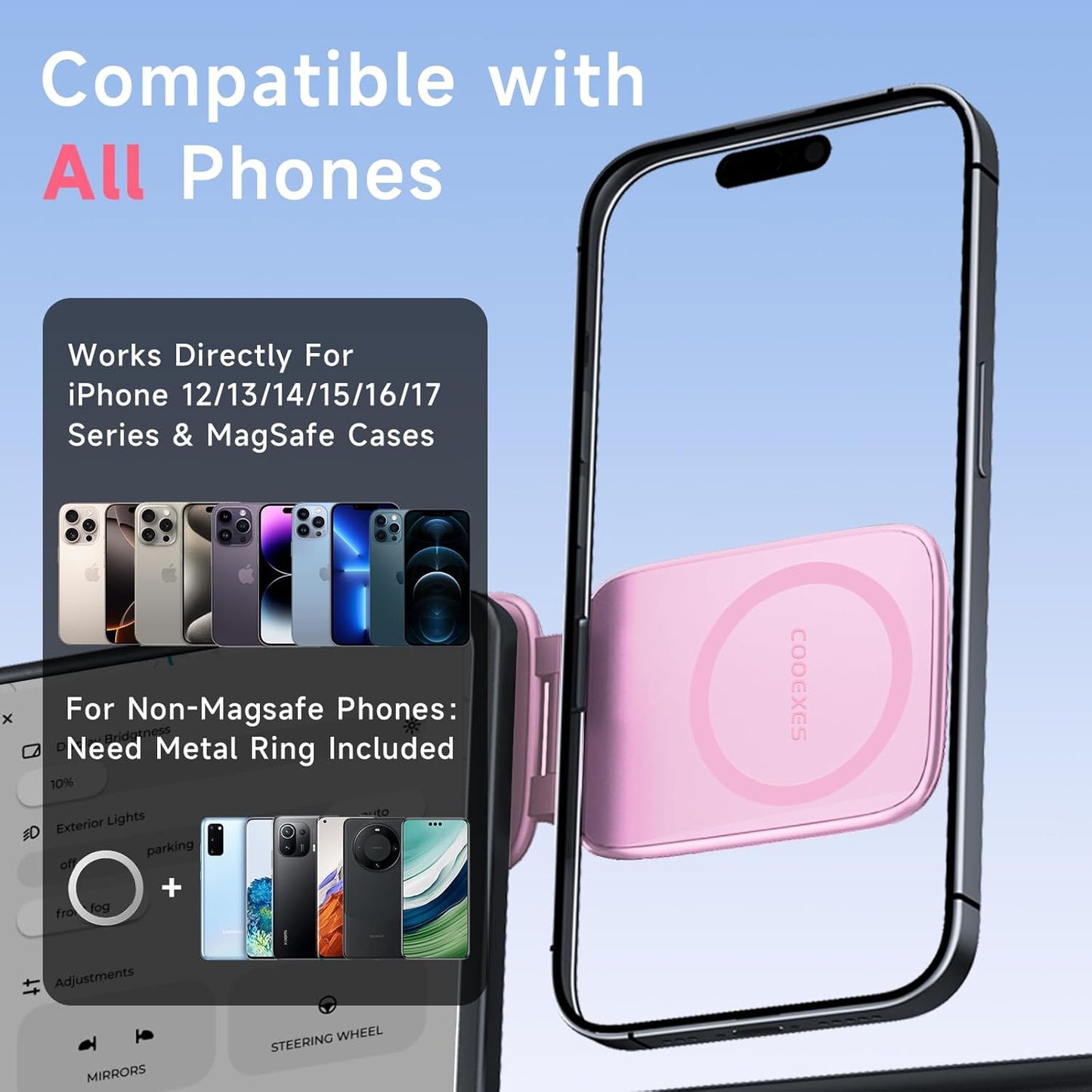 COOEXES Pink Foldable Magnetic Phone Mount, Hidefold Ultra-Thin Magnetic Phone Holder for Car with Dual Side Strong