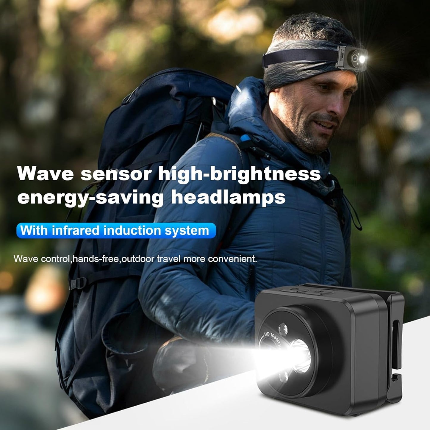 2MP 1080P 45 Mini Head Mounted Action Camera with Light, Adjustable Headlamp Headlight Body Camera, Gesture Control