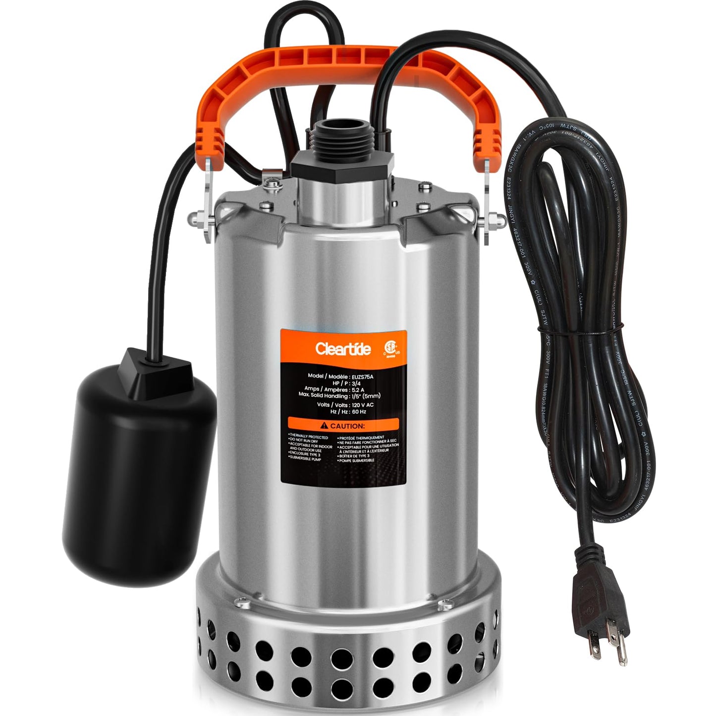 Cleartide Stainless Steel Submersible Water Sump Pump with Float Switch, 3/4 HP, 3780 GPH Ideal for Pool, Yard, Flooded Cellar & Basement, Hot Tub, Pond, and Garden Draining, 10 FT Cord