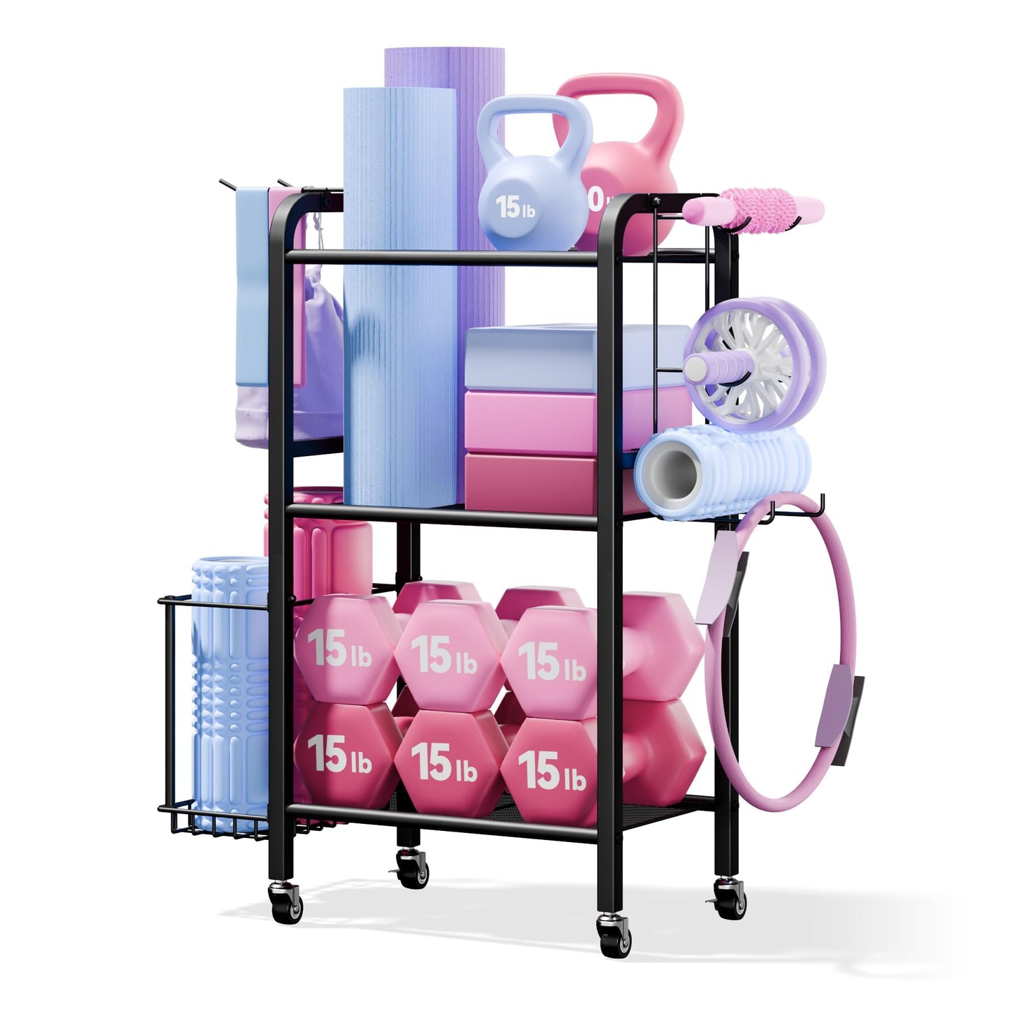 Josmimic 3-Tier Heavy-Duty Home Gym Storage Rack with Hooks and Smooth Wheels for Workout Gear