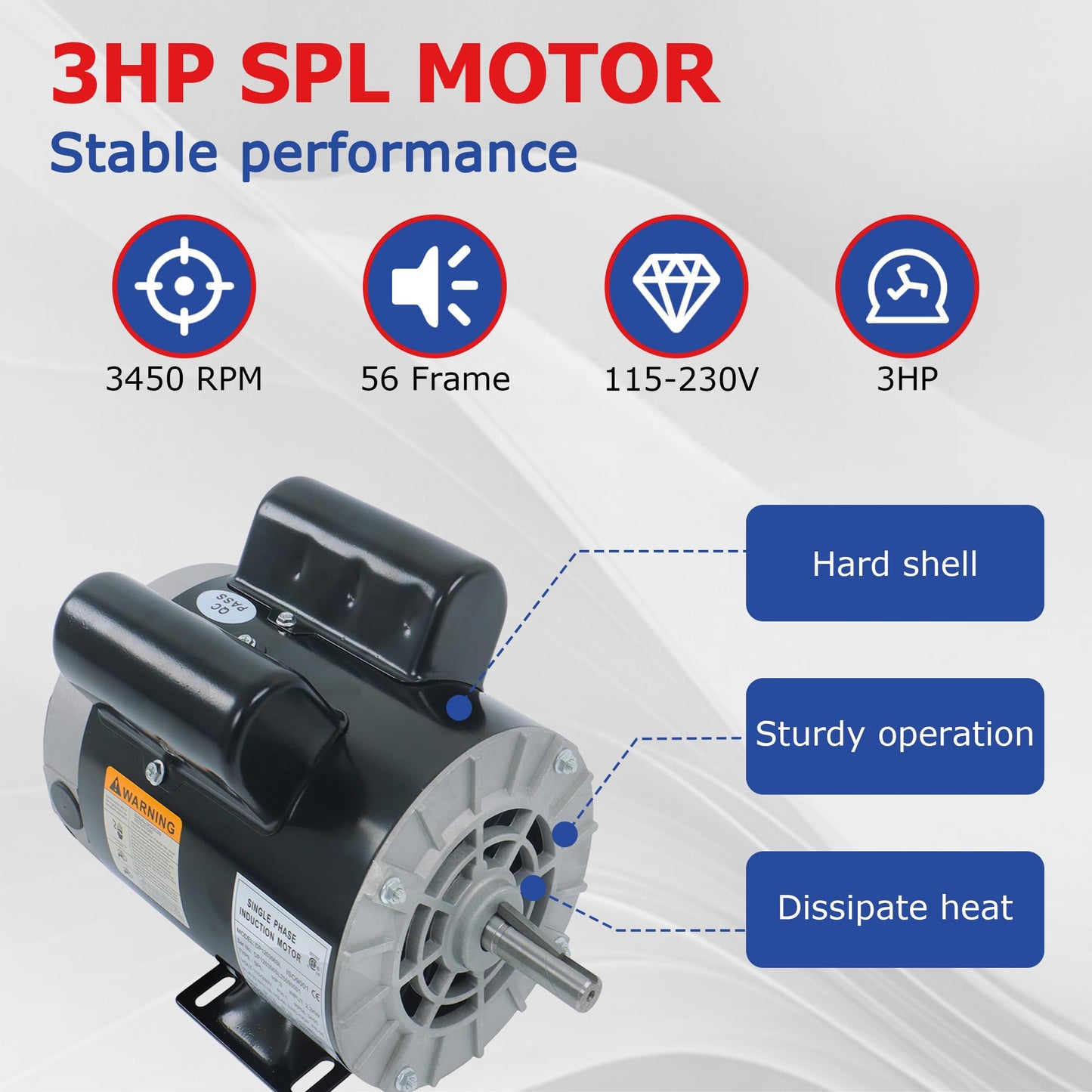 Thomletha 3HP SPL Single Phase Motor CCW 3450 RPM 56 Frame 115-230V for Compressors