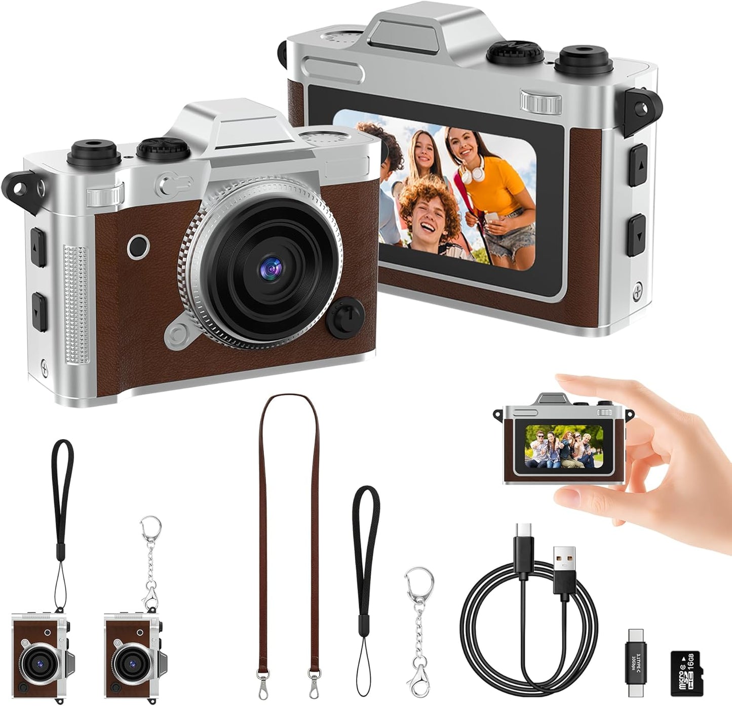 Dienspeak 16GB 2K Tiny Digital Camera, Vintage Mini Keychain Camera for Teens & Beginners, Premium Leather Portable