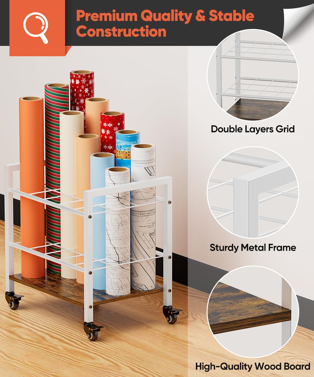 Tigerden Blueprint Storage Rack Cart, 15 Slots Metal Rolling File Holder with Wheels & Adjustable Pads, Mobile Gift Wrapping Paper Organizer for Maps/Posters/Architectural Construction Plans, White