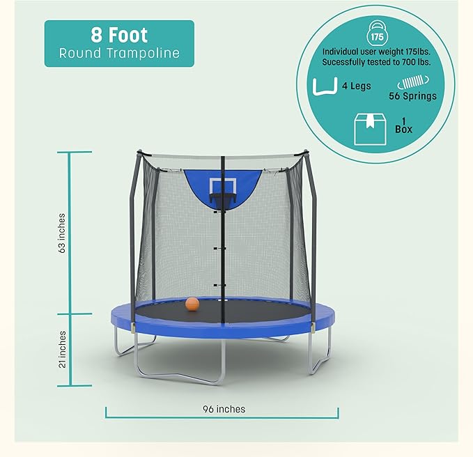 Skywalker Trampoline Outdoor 8 FT, 12 FT, 15 FT Jump N’ Dunk Round Outdoor Trampoline with Net, Trampoline Mat, and Basketball Hoop for Trampoline